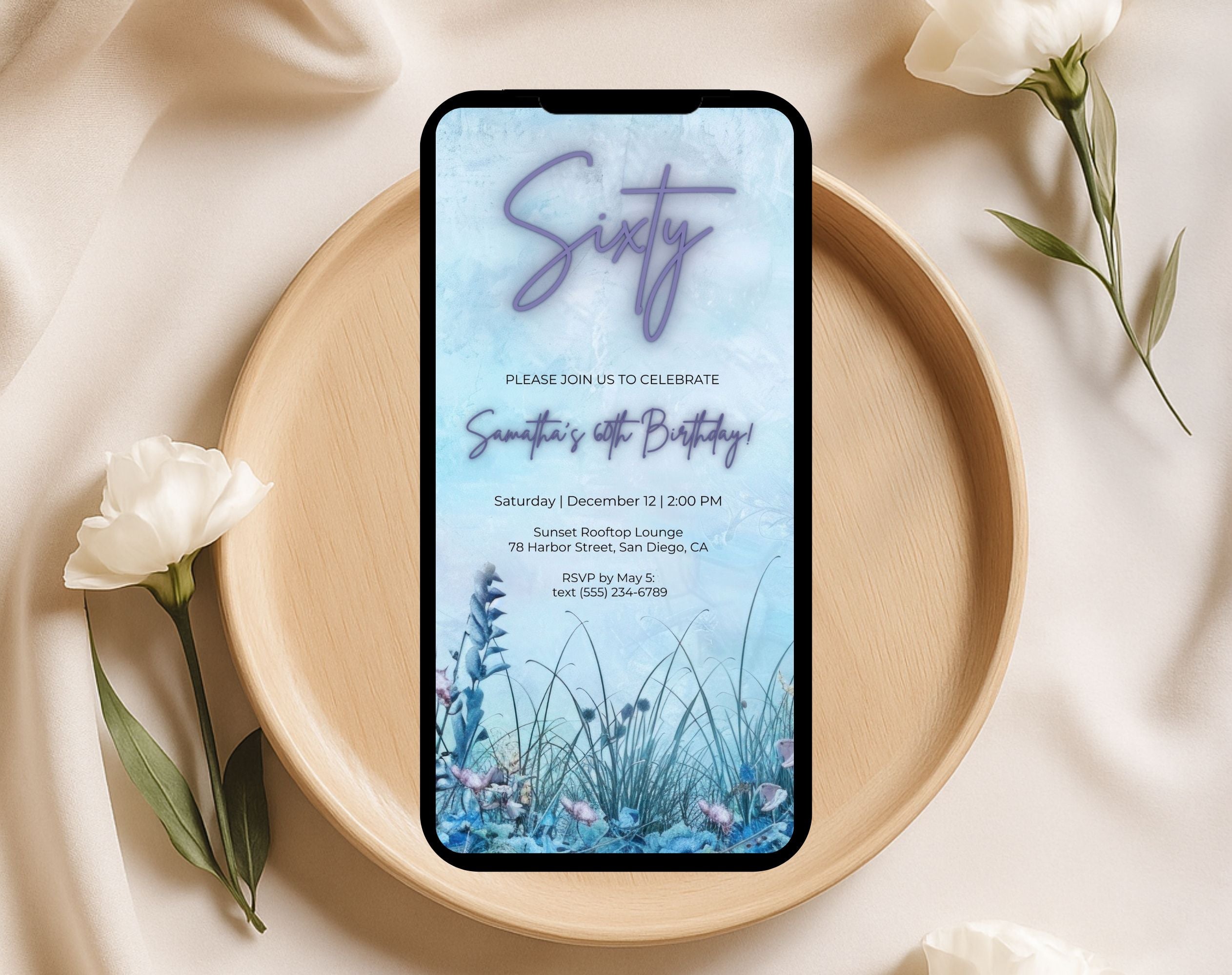 Blue Floral Elegant 60th Birthday Invitation