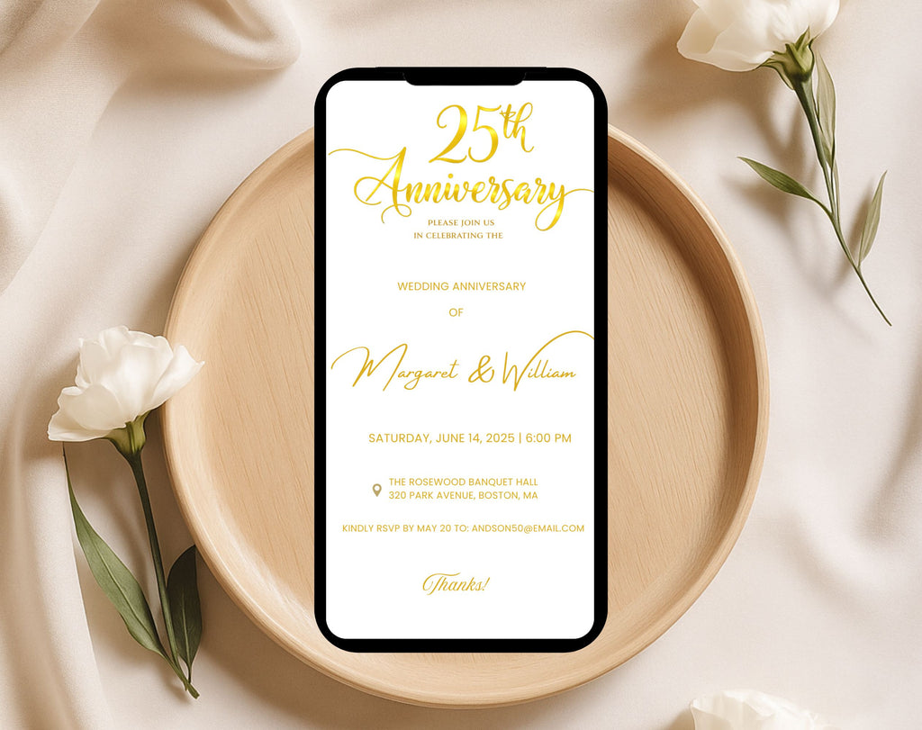 Golden 25th  Wedding Anniversary Invite White Gold