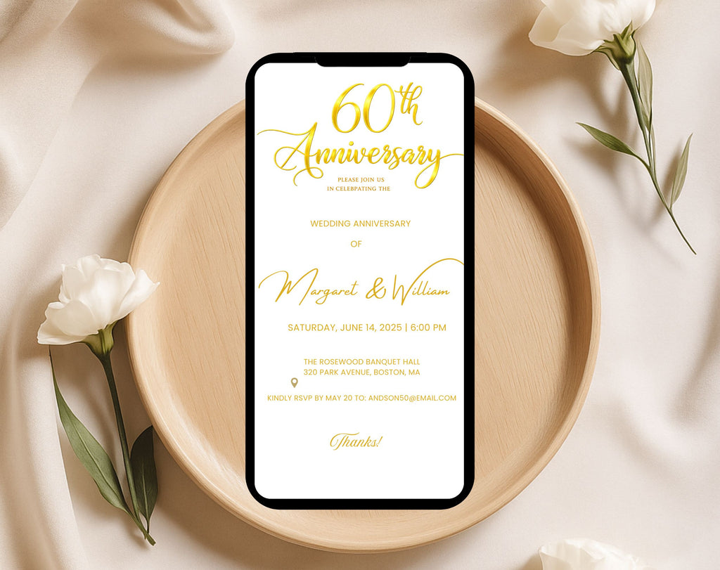 Golden 60th  Wedding Anniversary Invite White Gold