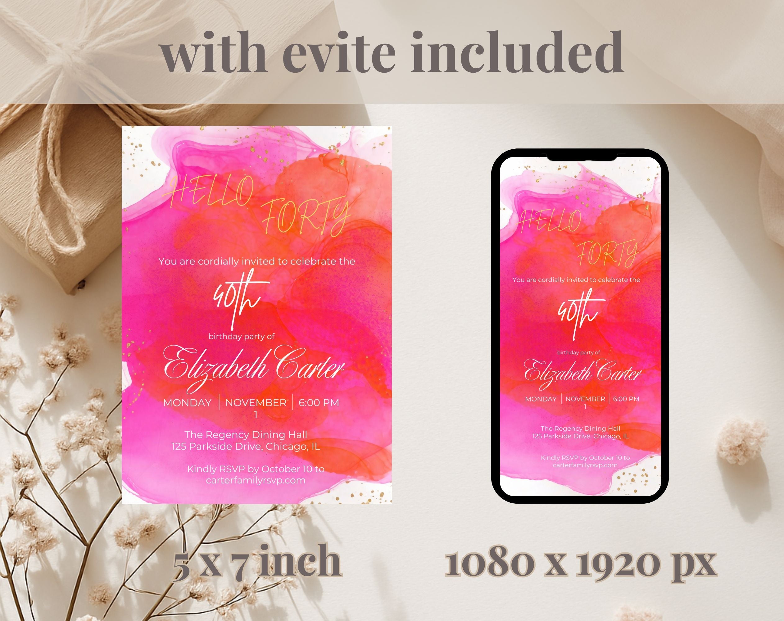 Pink 40th Birthday Invitation