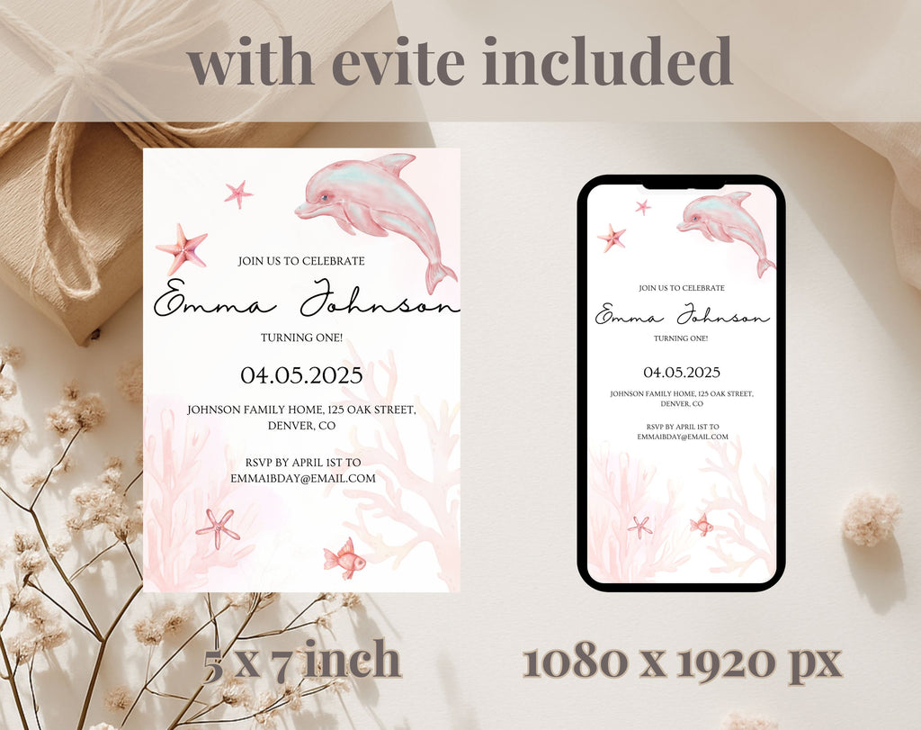 Pink Ocean first Birthday Invitation
