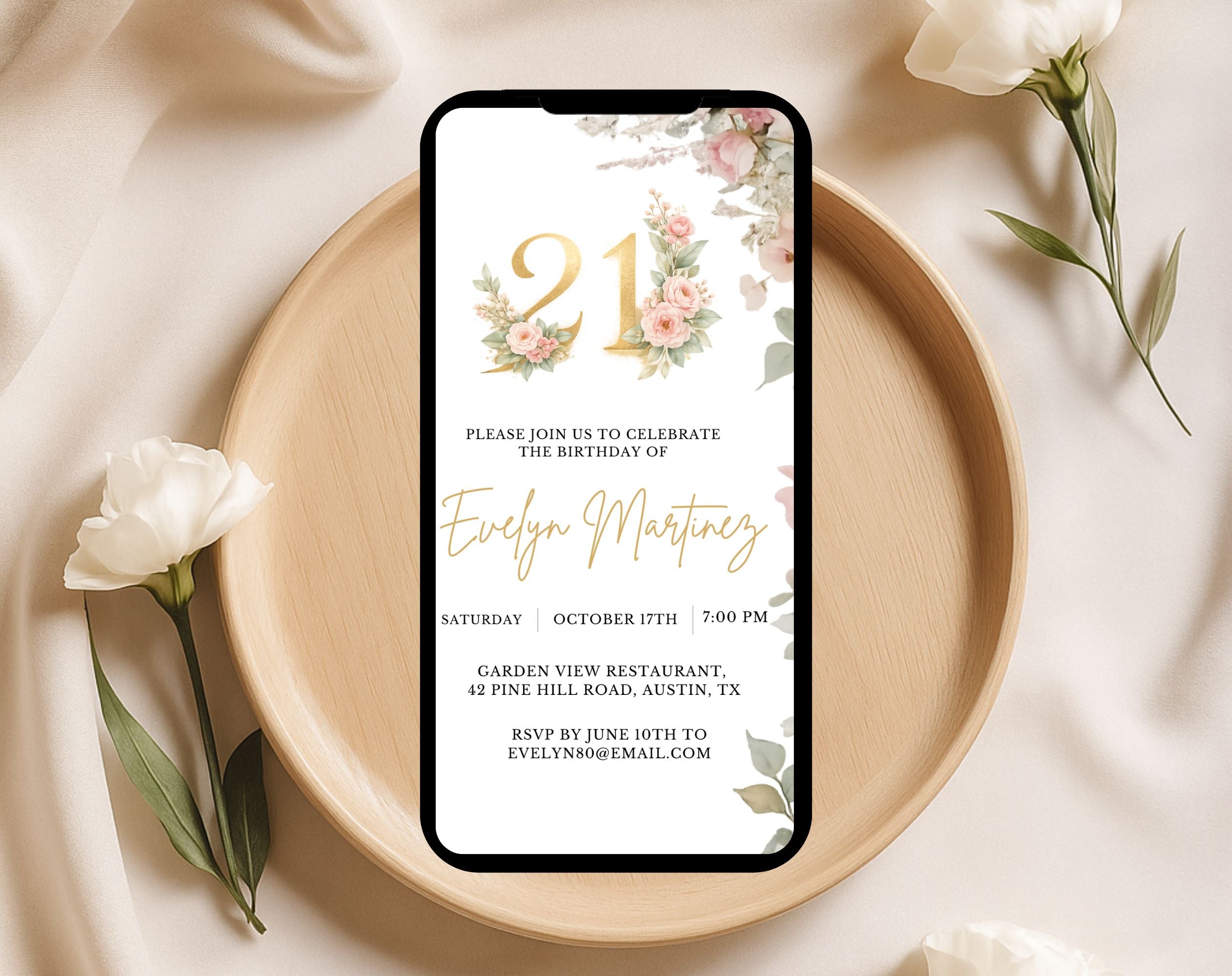 Elegant Floral 21st Birthday Invitation