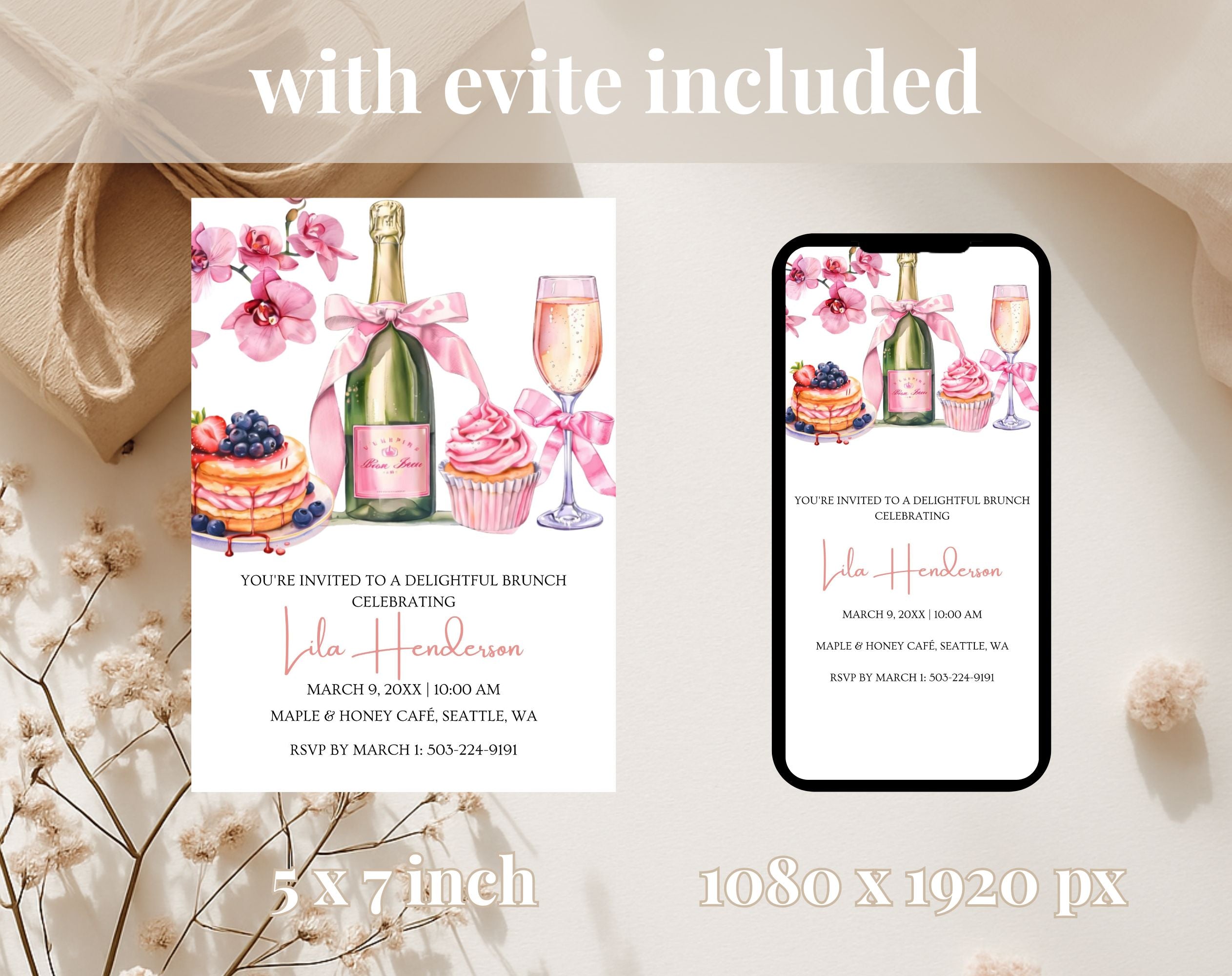 Pink and Gold Birthday Brunch Invitation