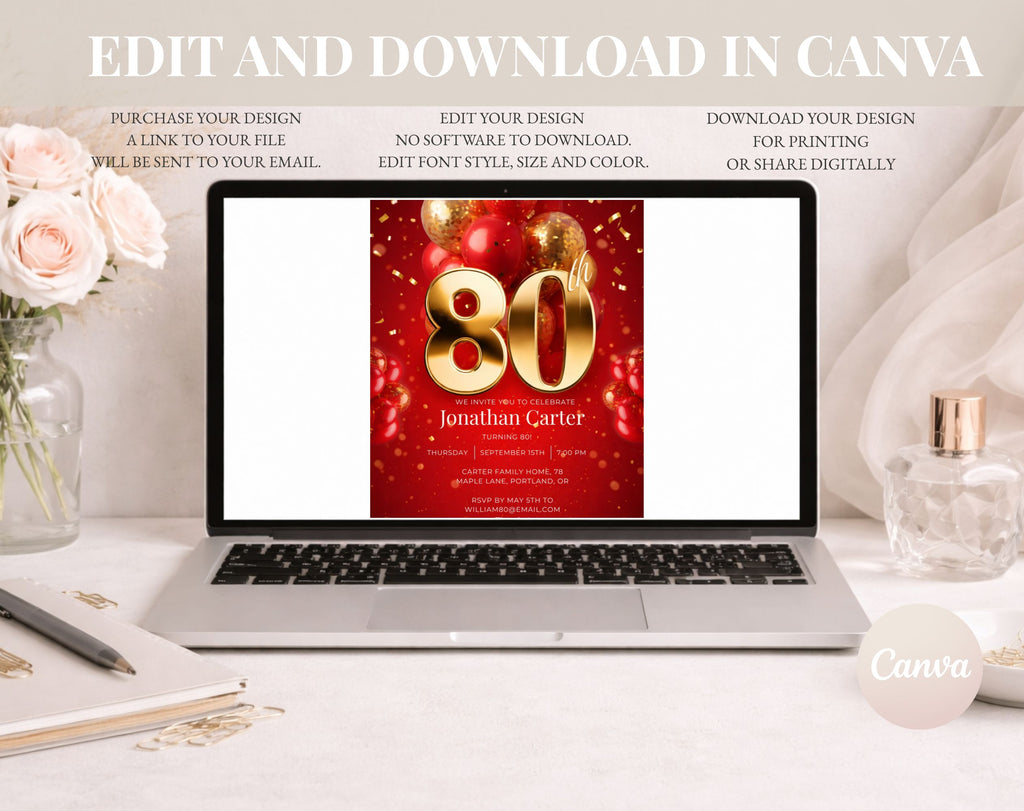 Red Gold 80th Birthday Invitation
