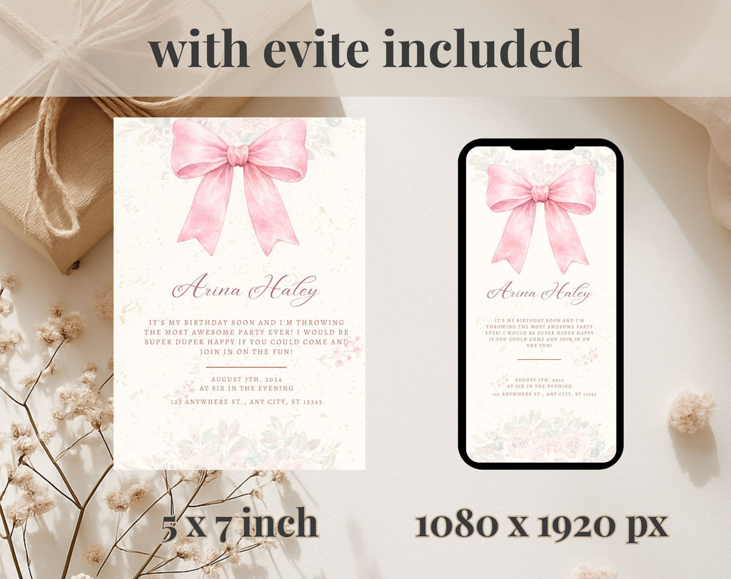 Pink Bow Birthday Invitation