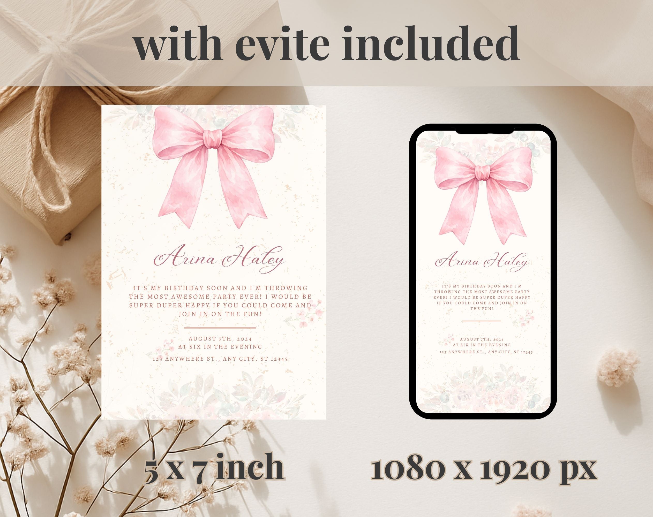 Pink Bow Birthday Invitation