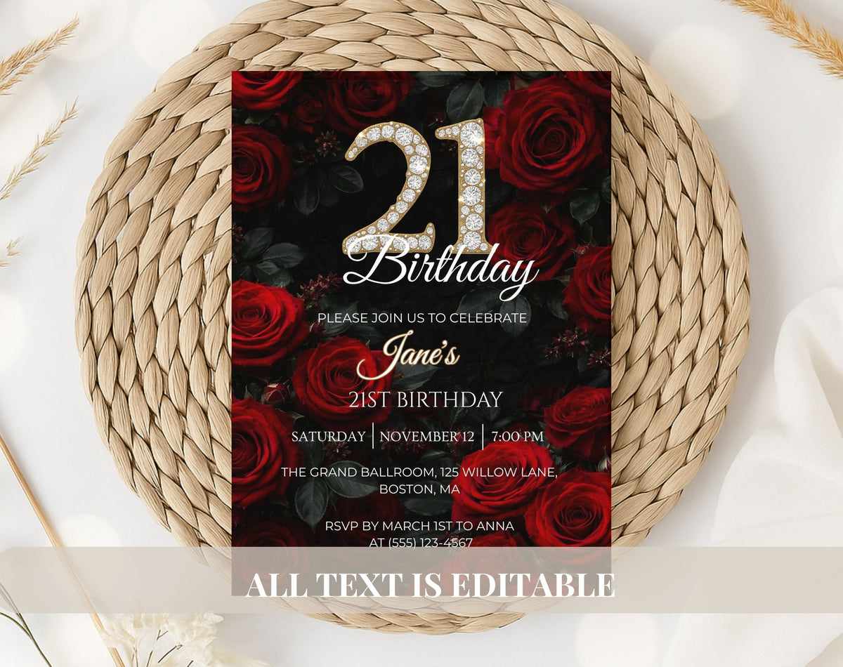 Red Rose 21st Birthday Invitation – Black and Gold Floral
