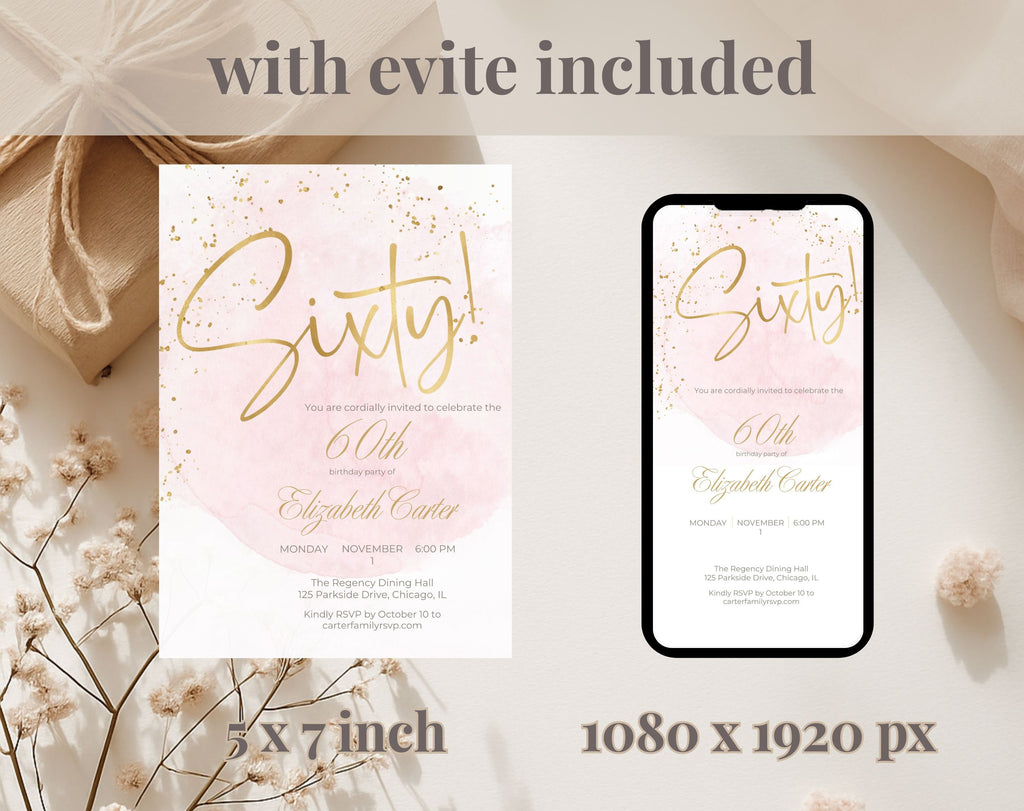 Elegant Blush Pink Golden 60th Birthday Invitation