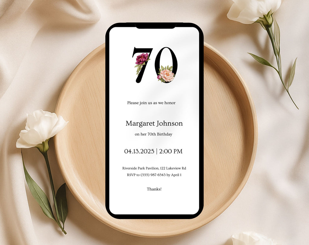 Black Elegant Floral 70th Birthday Invitation