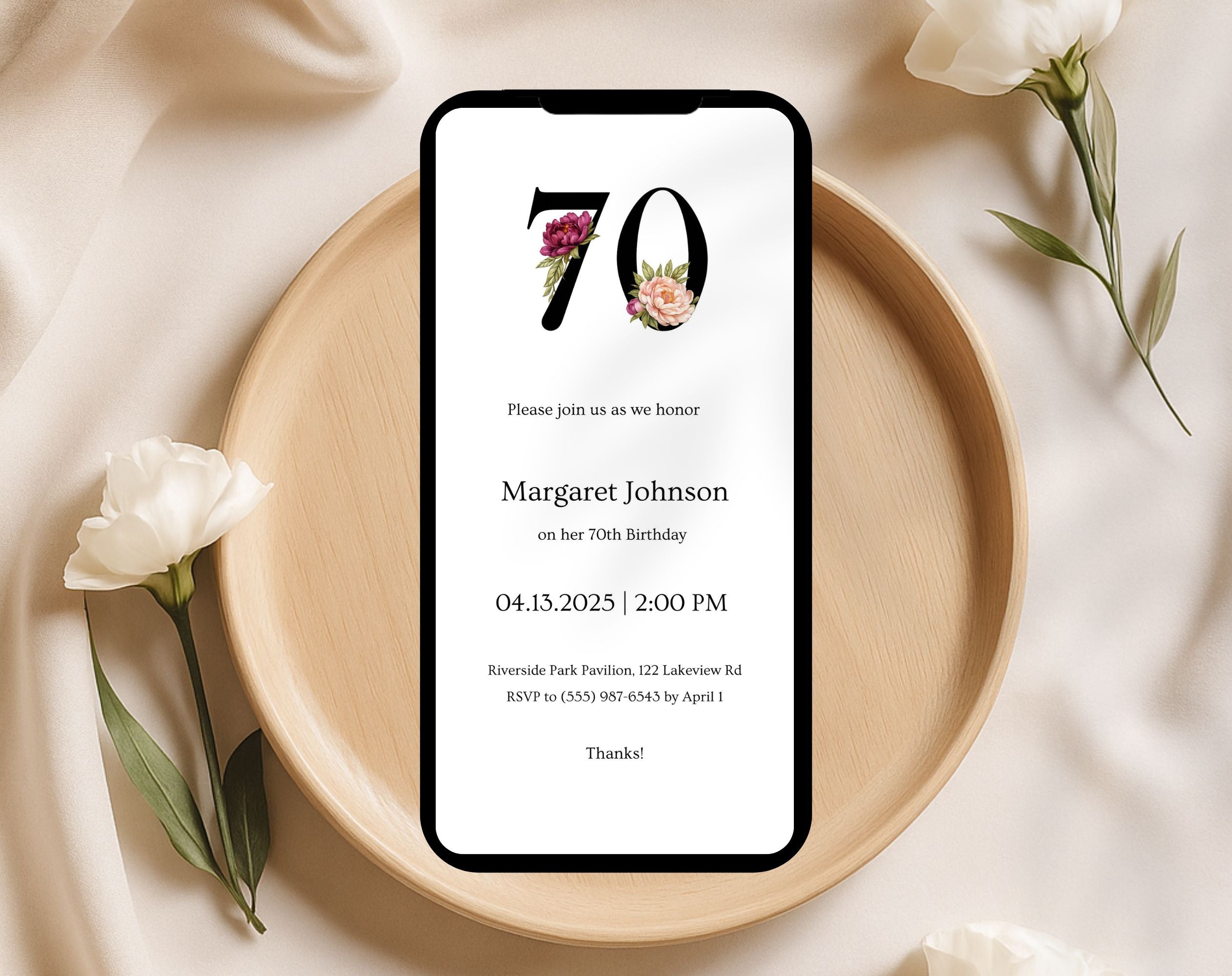 Black Elegant Floral 70th Birthday Invitation