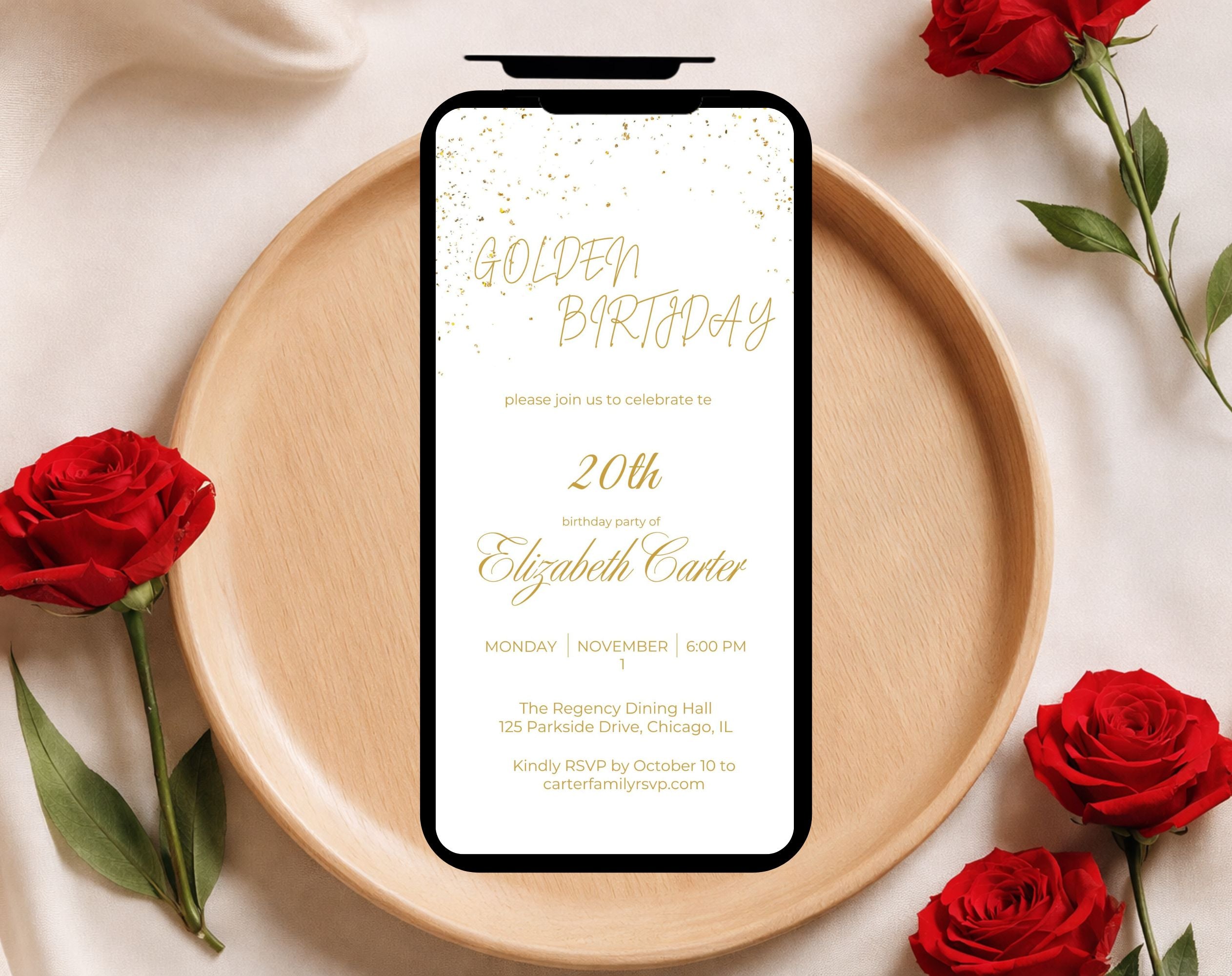 White and Gold 20th Birthday Invitation