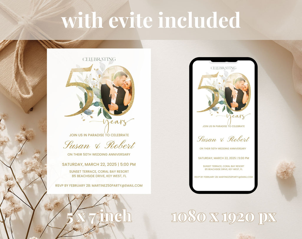 50th Wedding Anniversary Invitation Photo White Gold