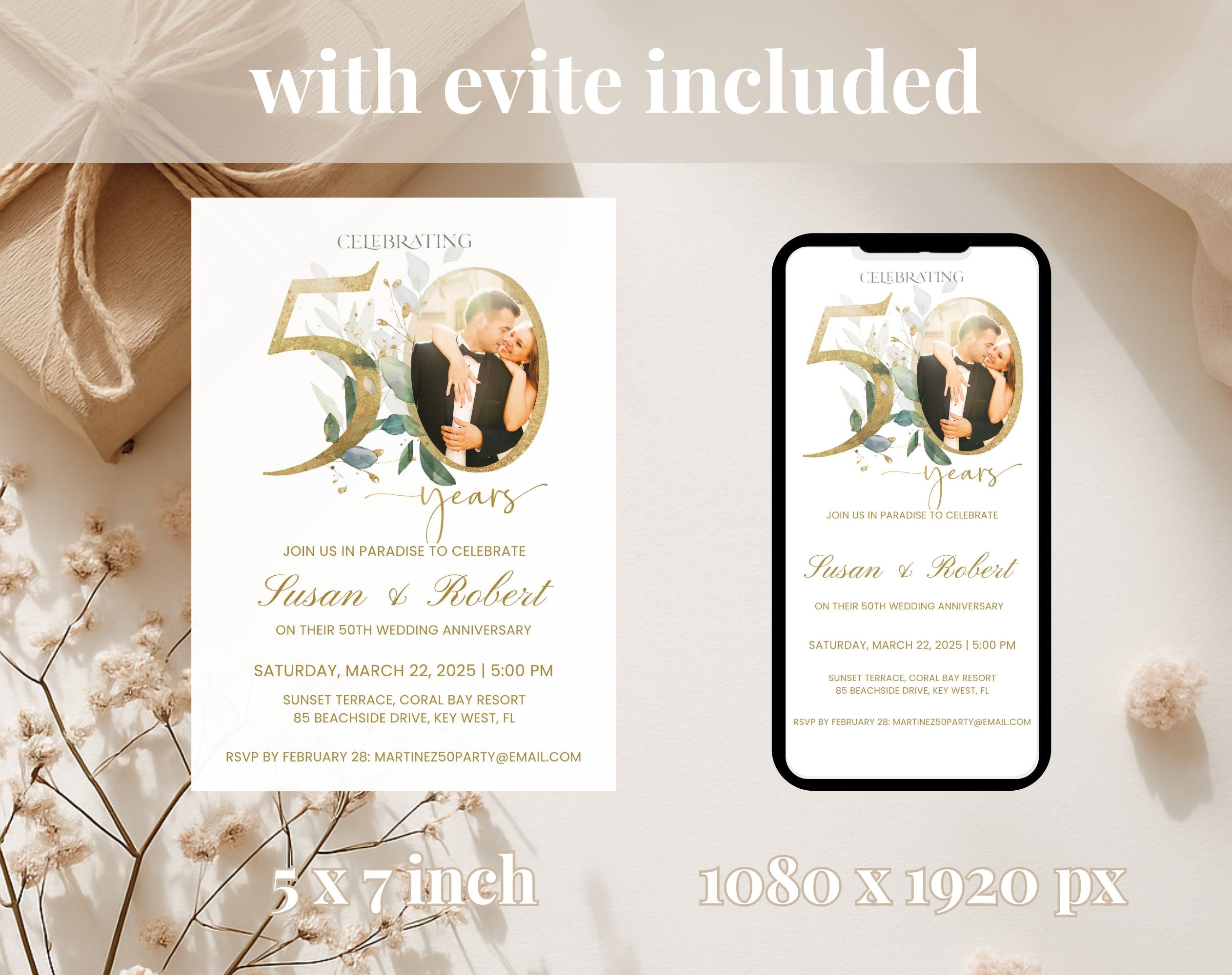 50th Wedding Anniversary Invitation Photo White Gold