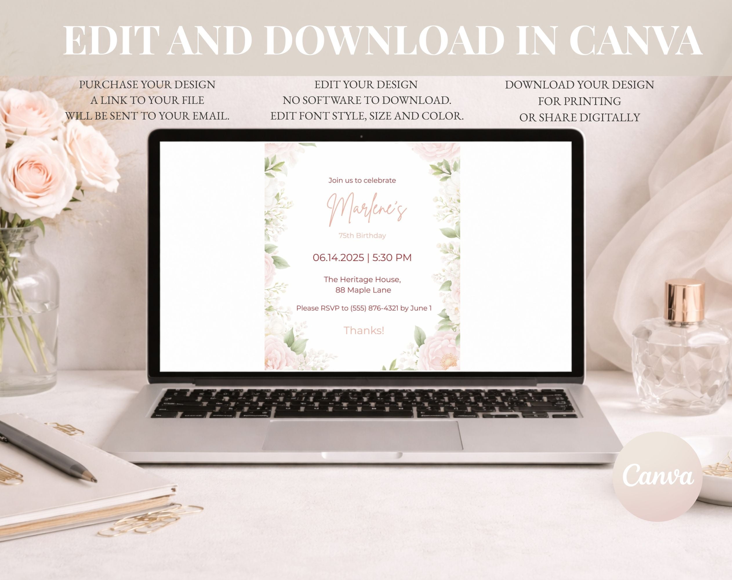 Blush Pink Floral 75th Birthday Invitation