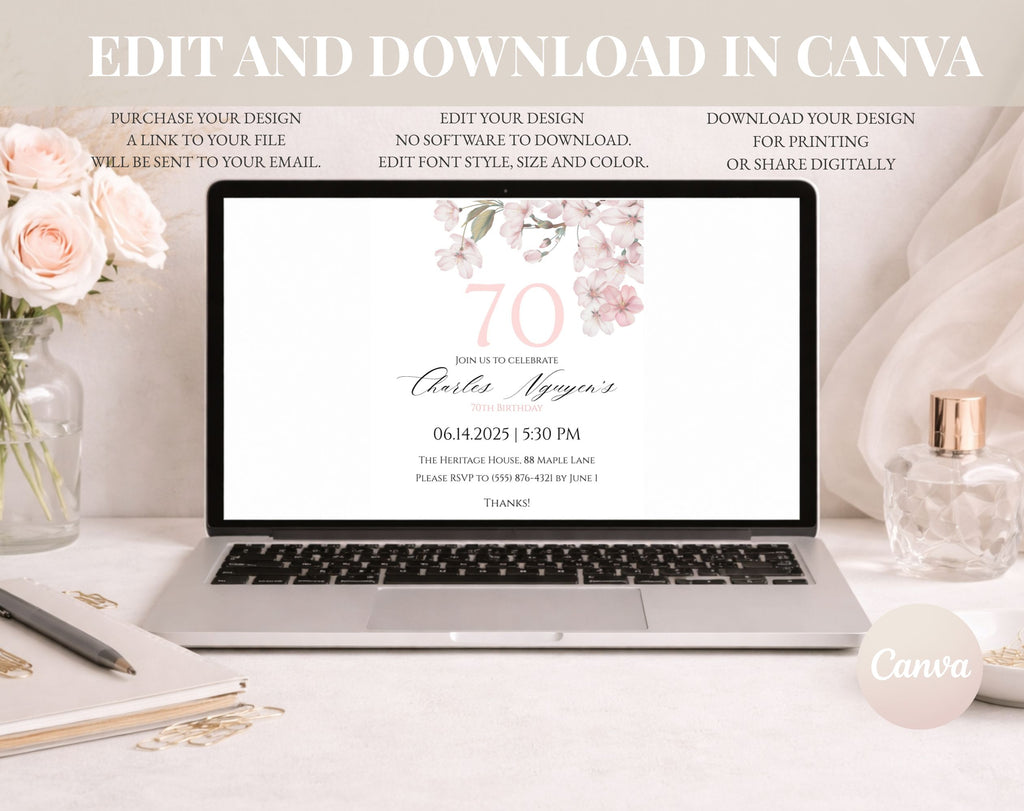 White Elegant Pink Cherry Blossom 70th Birthday Invitation