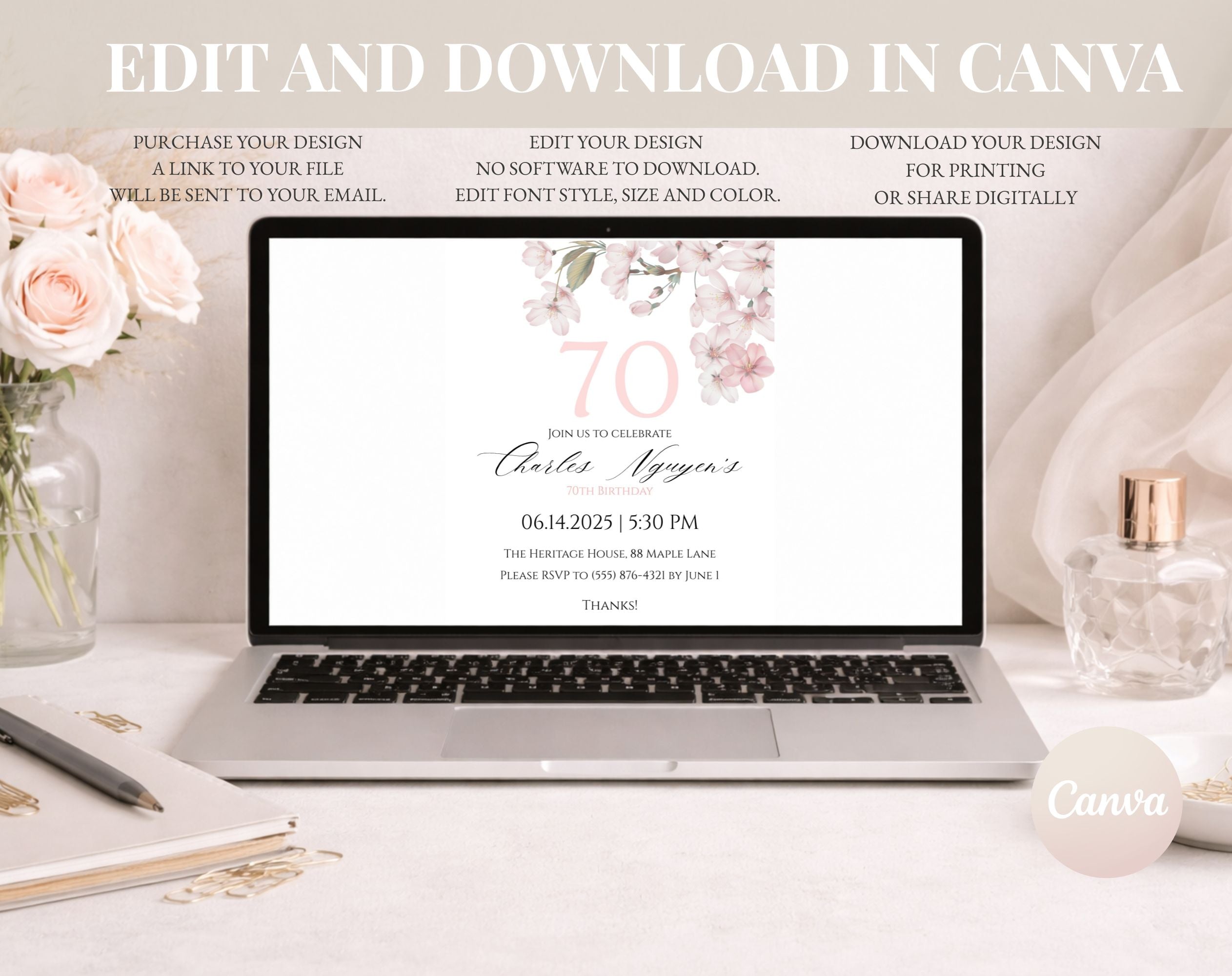 White Elegant Pink Cherry Blossom 70th Birthday Invitation