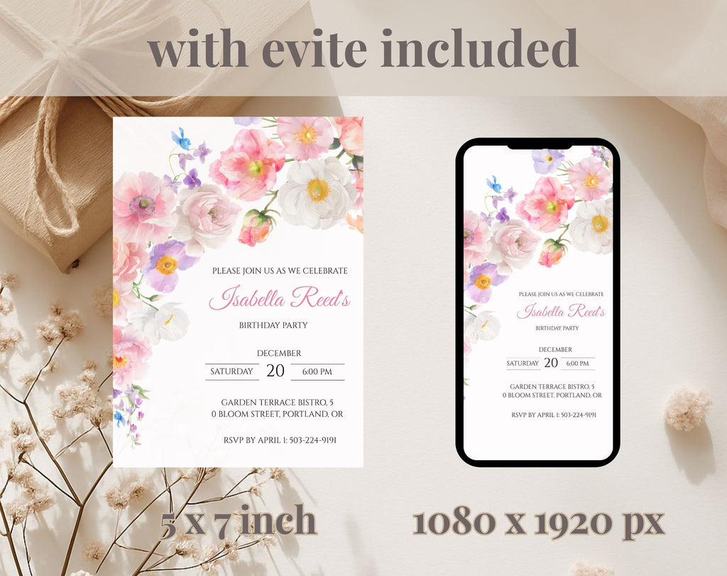 Elegant Pink Flower Floral Birthday Invitation