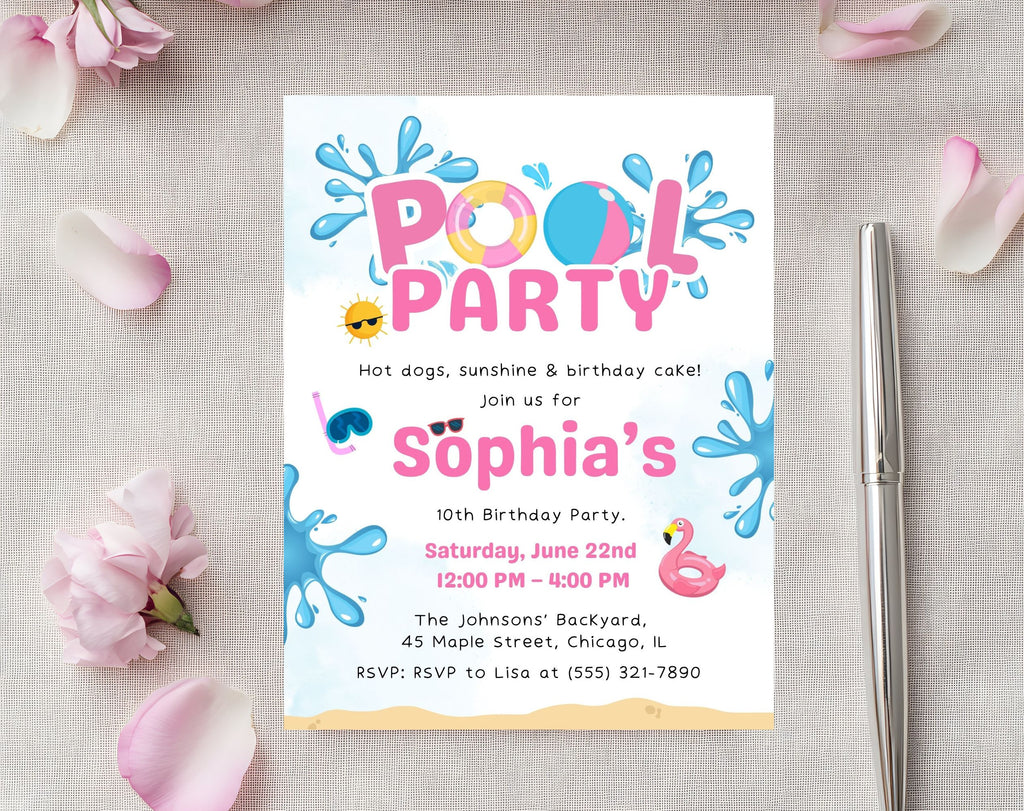 Pink Blue Pool Party 10th birthday Invitation