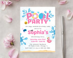 Pink Blue Pool Party 10th birthday Invitation
