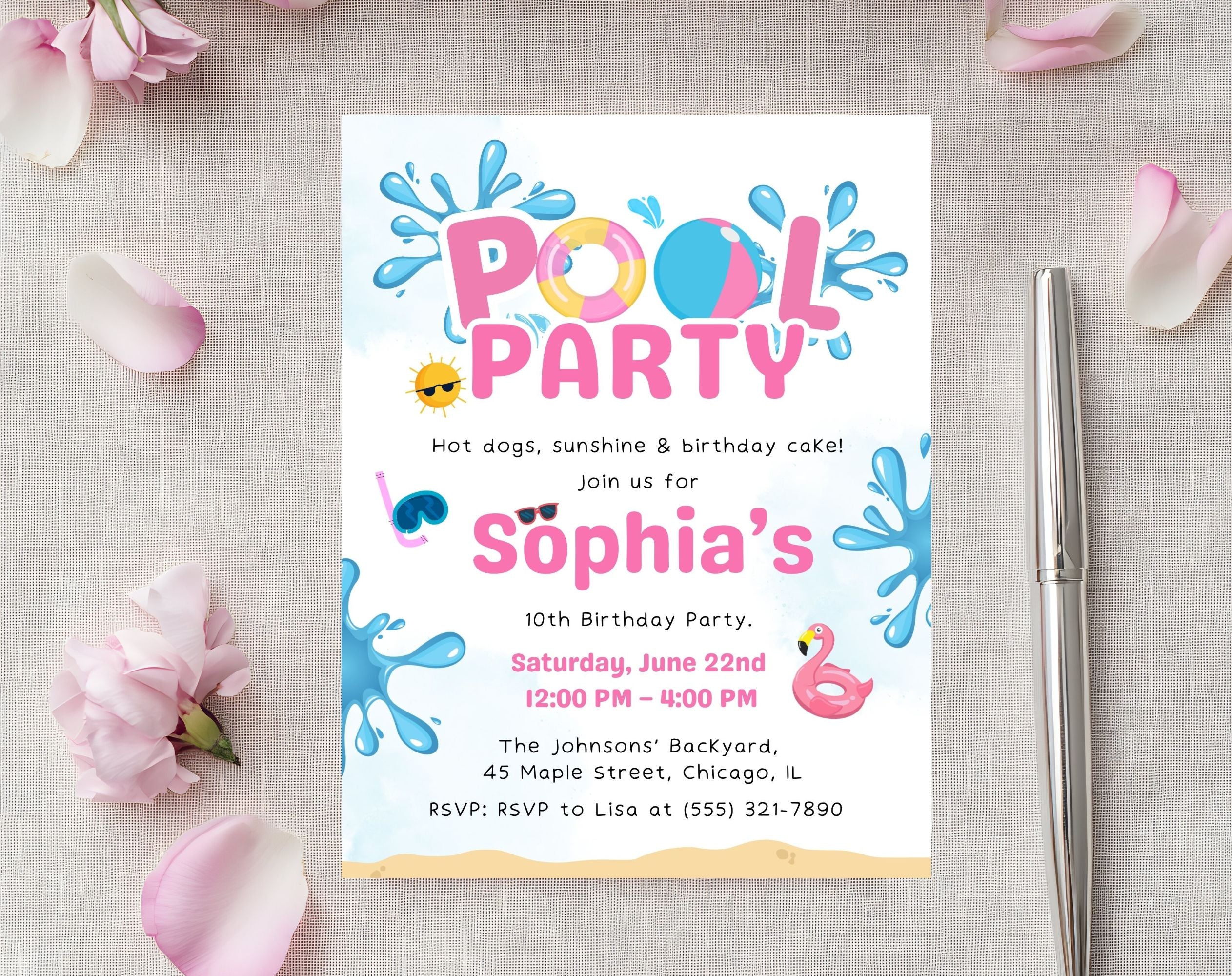 Pink Blue Pool Party 10th birthday Invitation