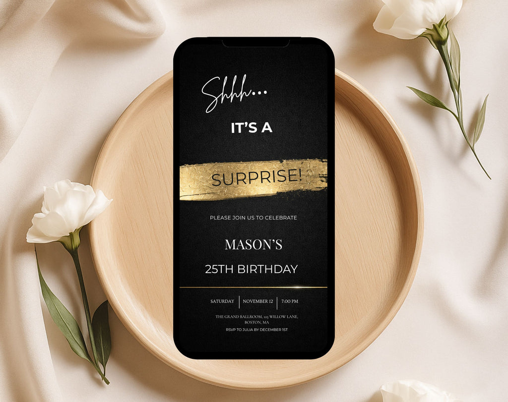 25th gold black Birthday Party Invitation