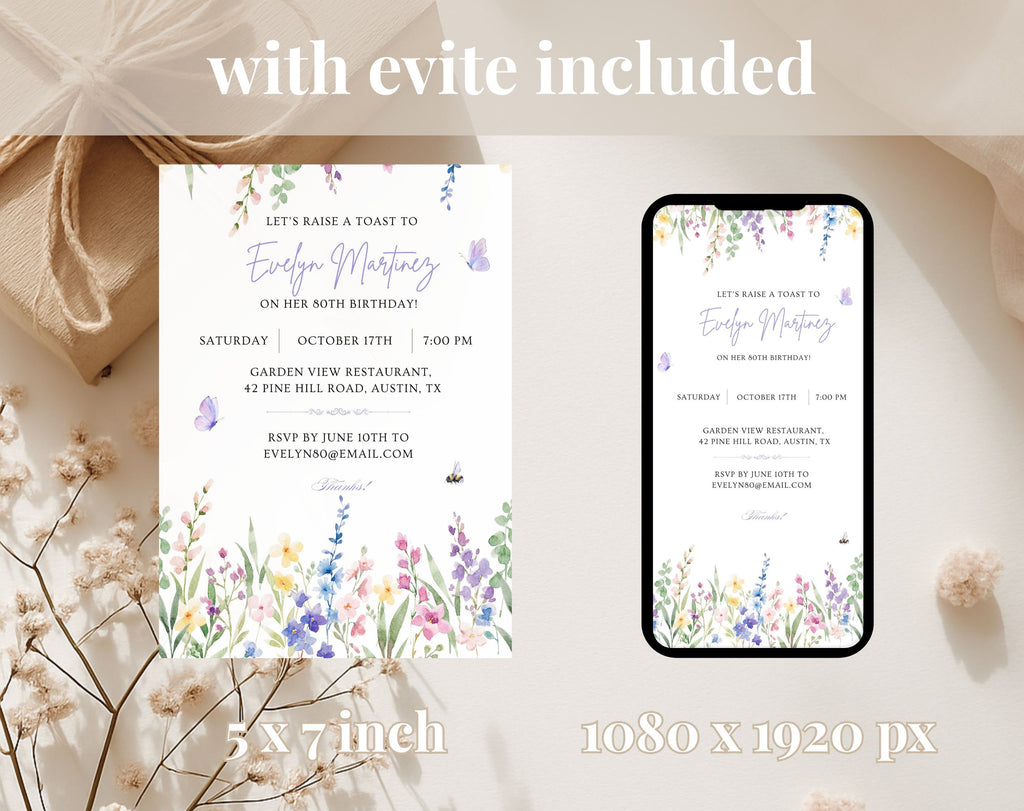 Floral 80th Birthday Invitation