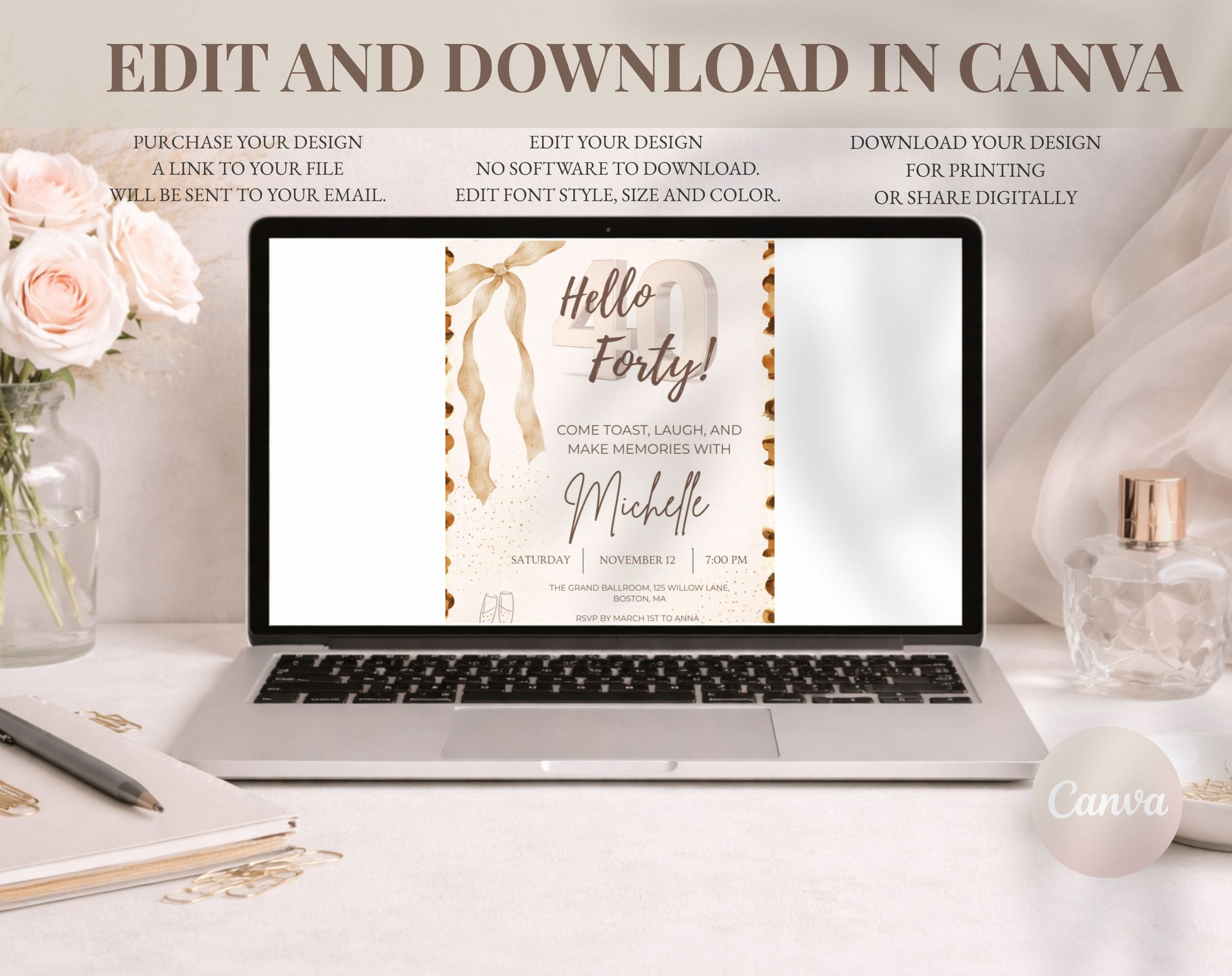 40th Birthday Invitation Beige Gold