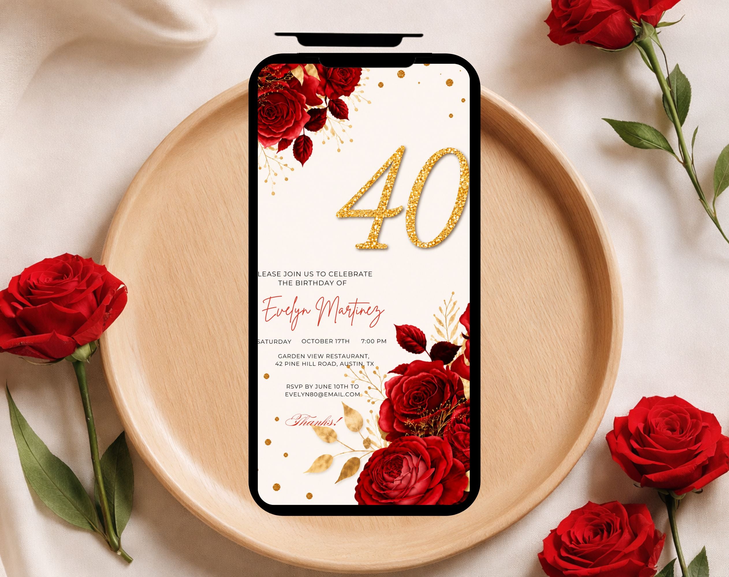 Elegant red rose golden 40th Birthday Invitation