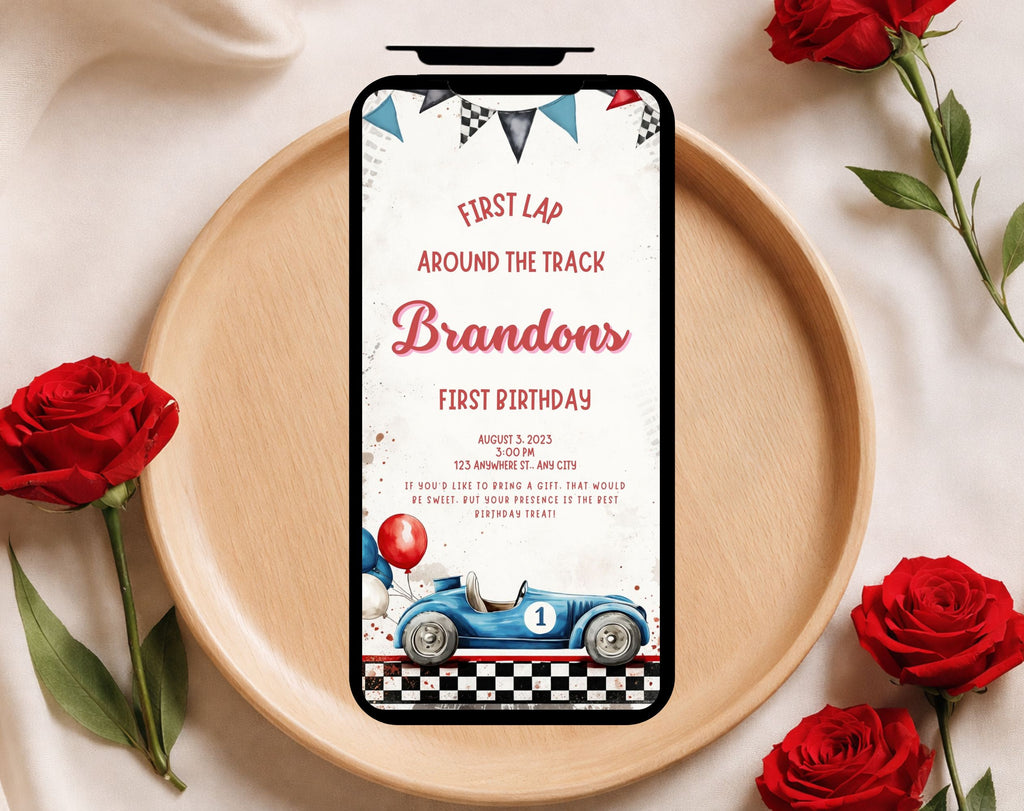 Red Blue Race Car First Birthday Invitation