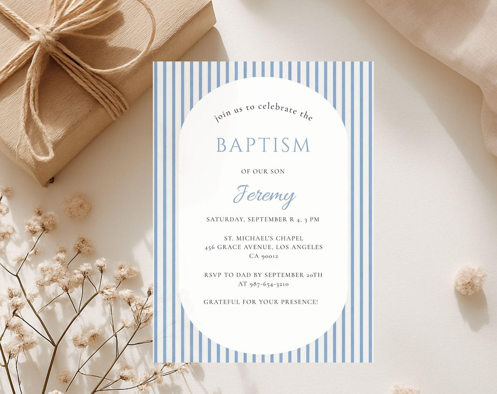 Classic Blue Striped Baptism Invitation