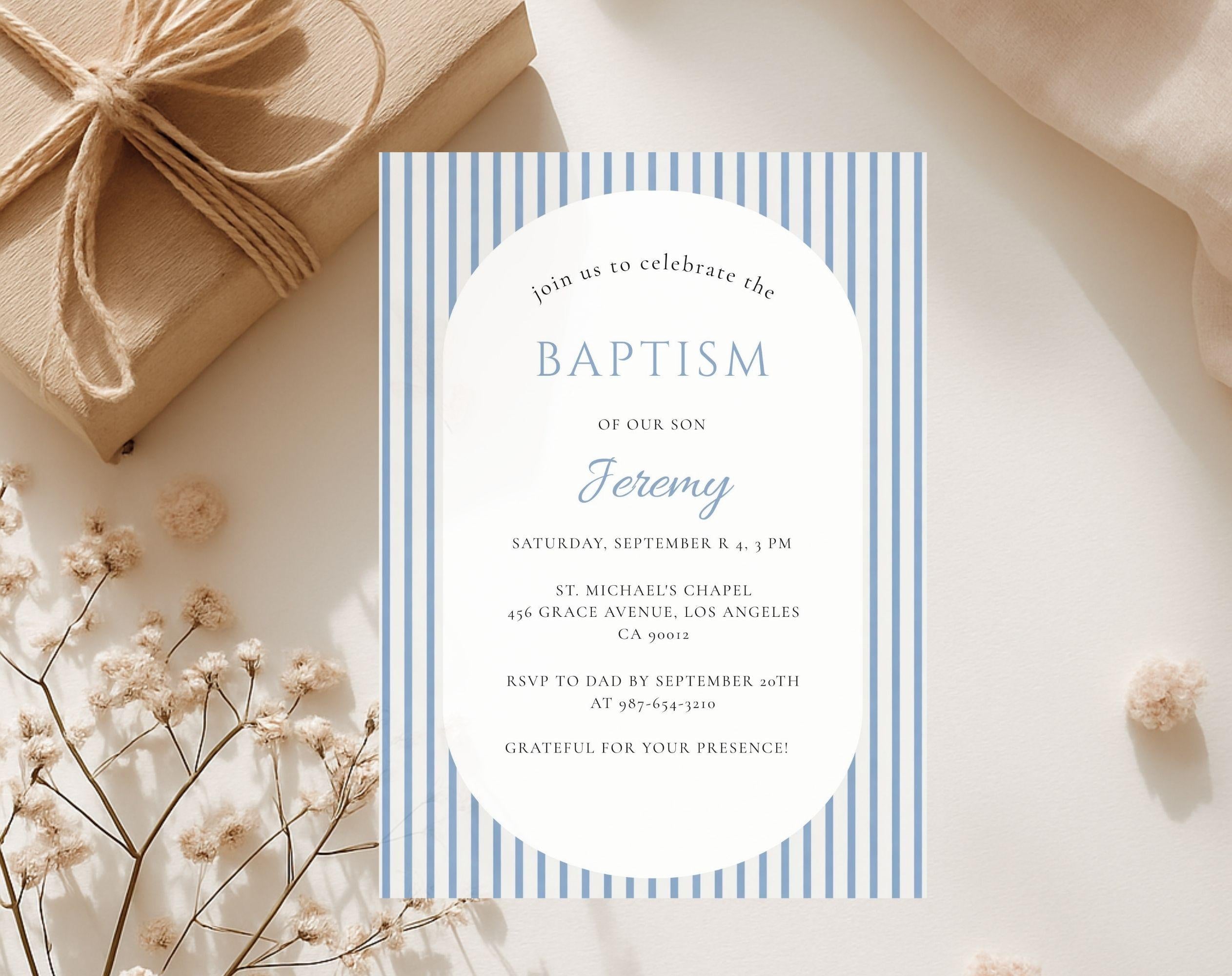 Classic Blue Striped Baptism Invitation