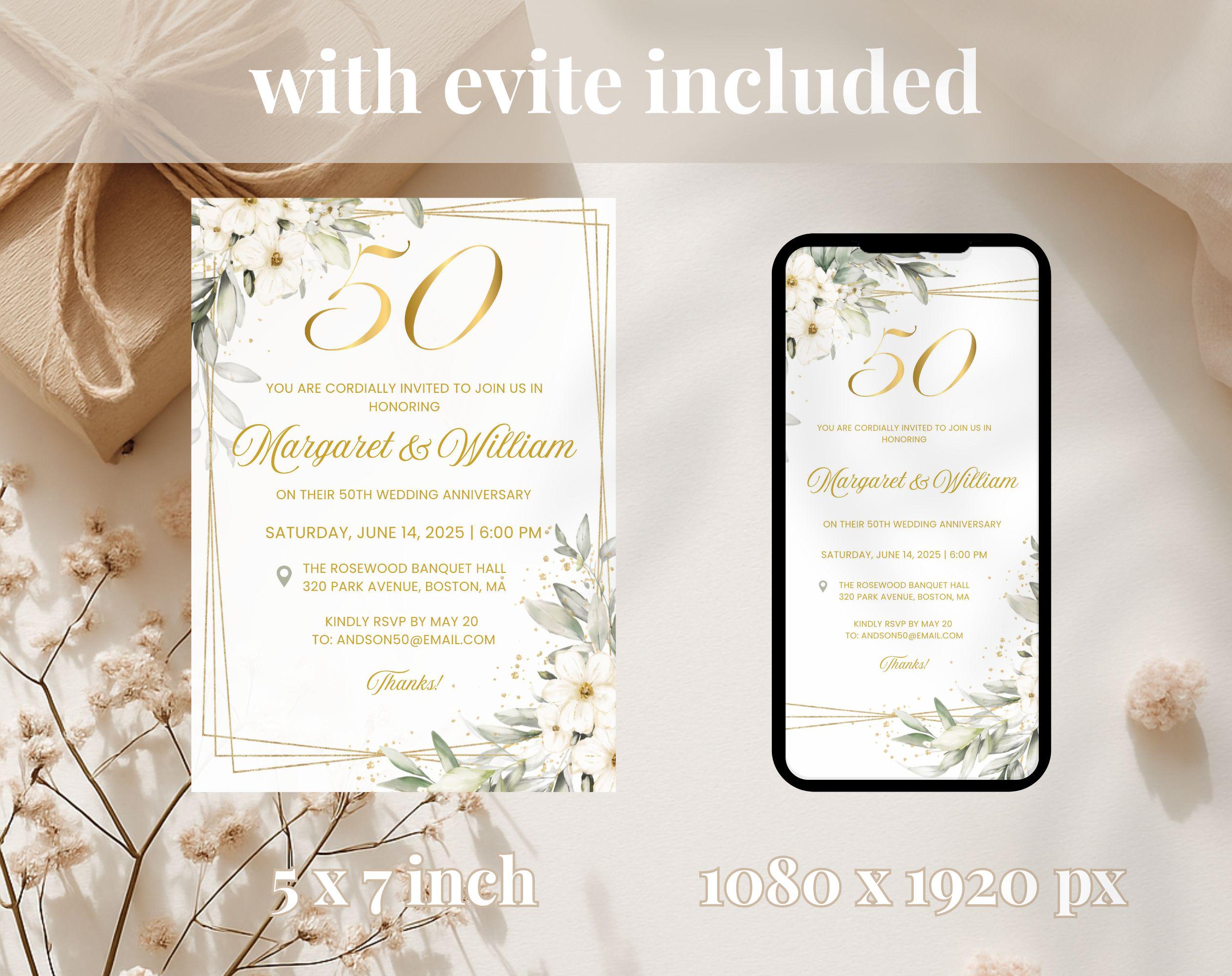 White Gold Floral 50th Wedding Anniversary Invitation