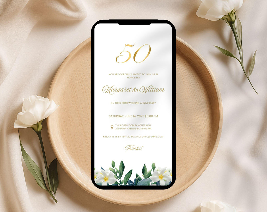 50th White Gold Wedding Anniversary Invitation
