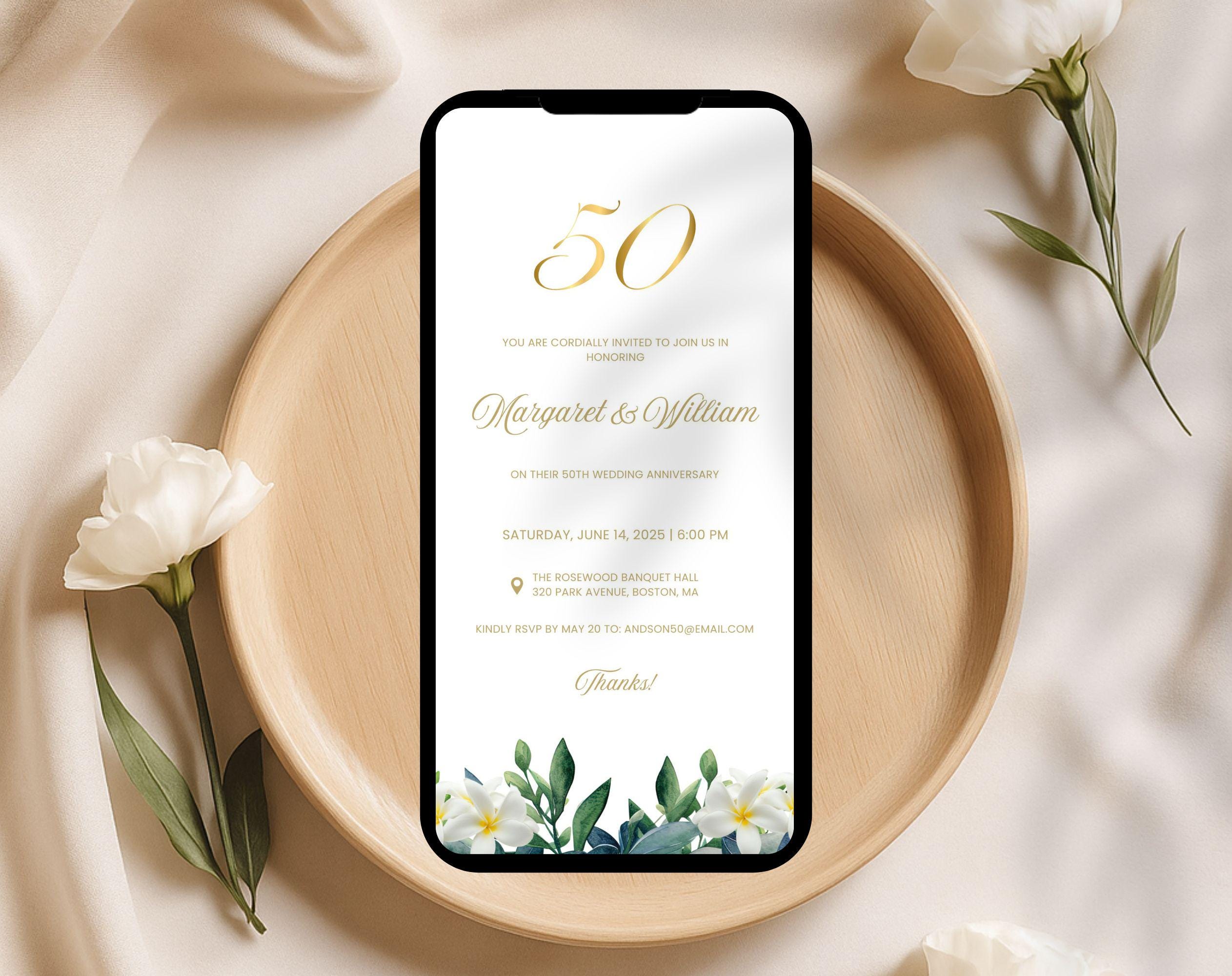 50th White Gold Wedding Anniversary Invitation