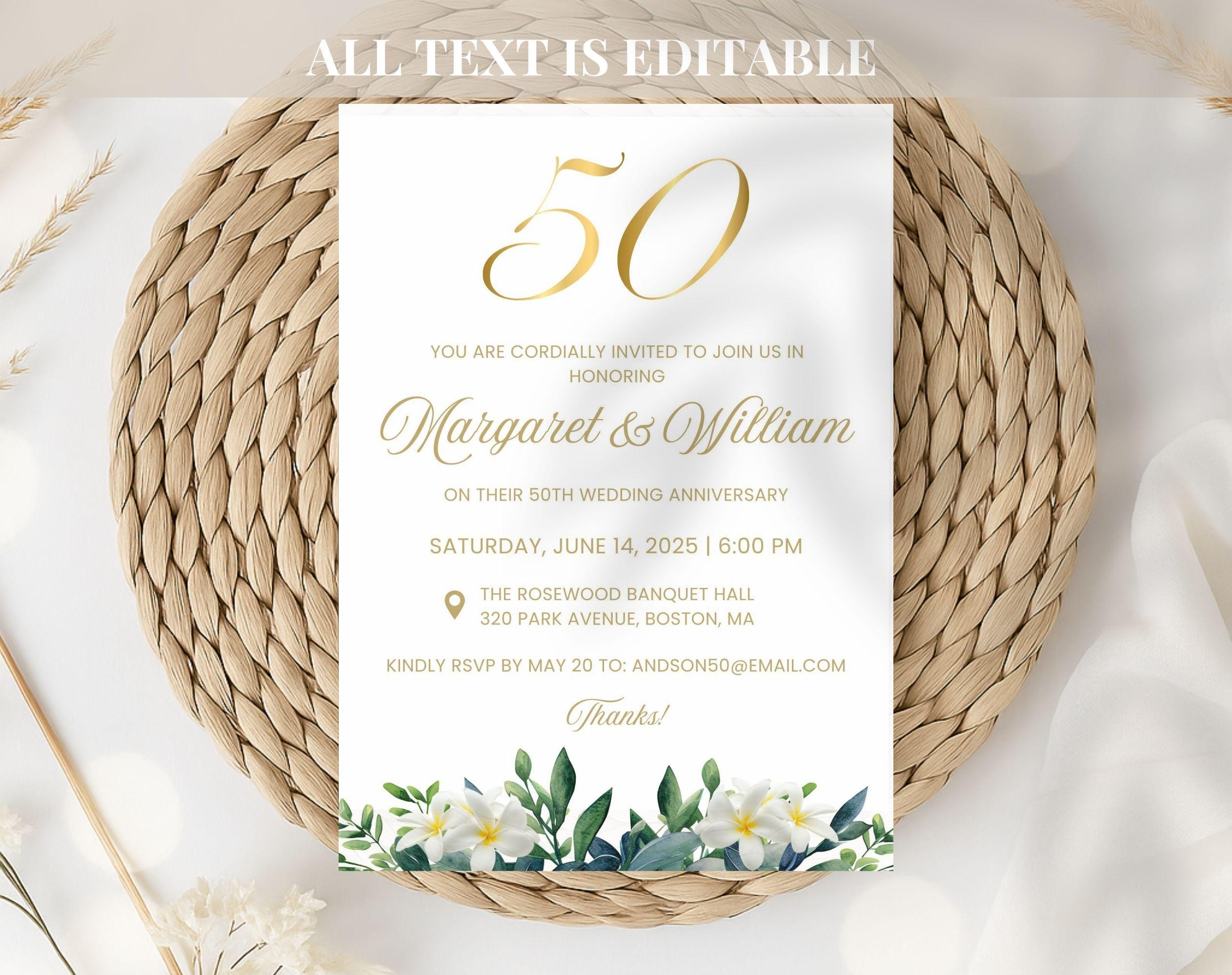50th White Gold Wedding Anniversary Invitation