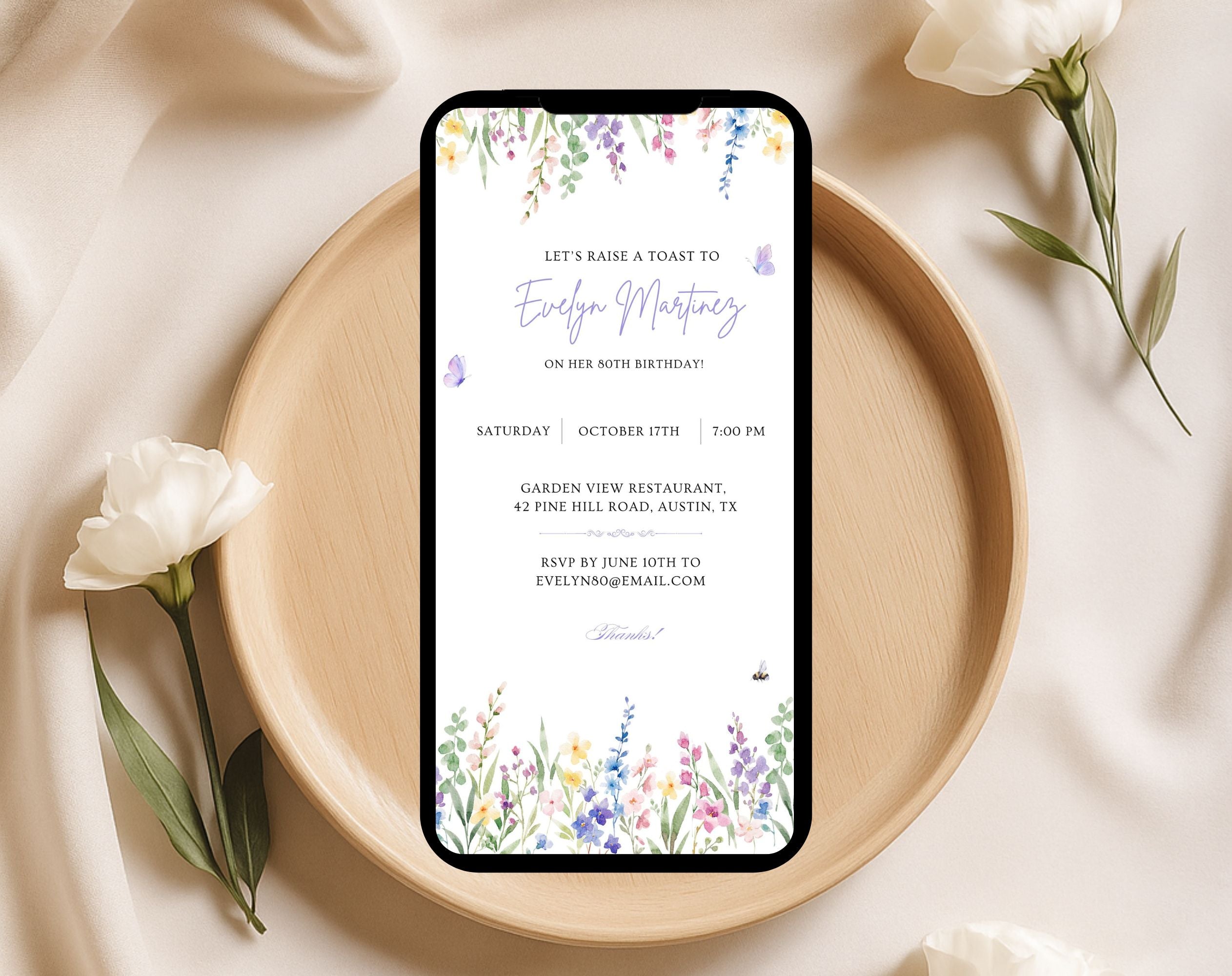 Floral 80th Birthday Invitation