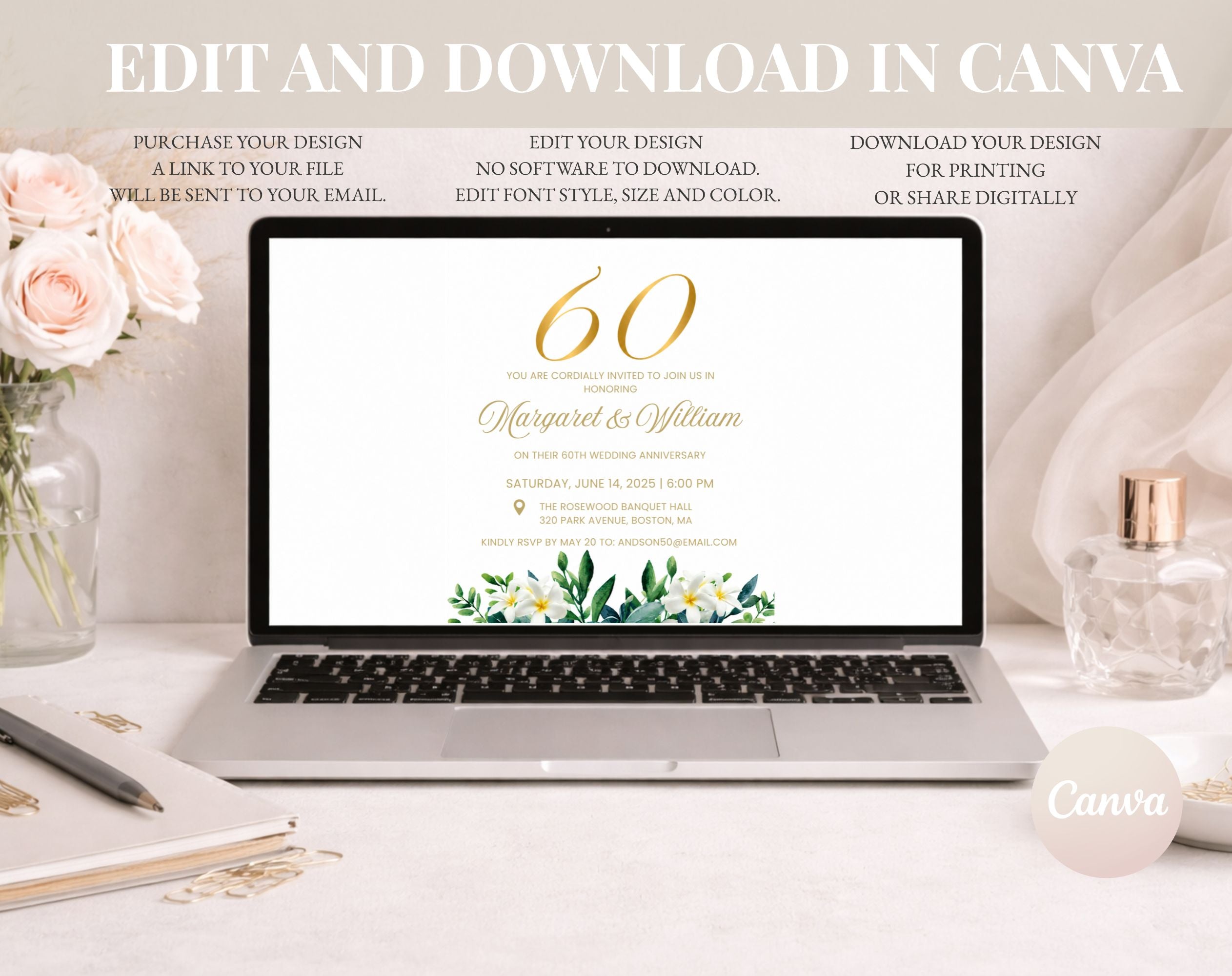 60th White Gold Wedding Anniversary Invitation