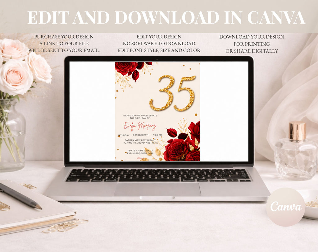 Elegant Red rose 35th Birthday Invitation