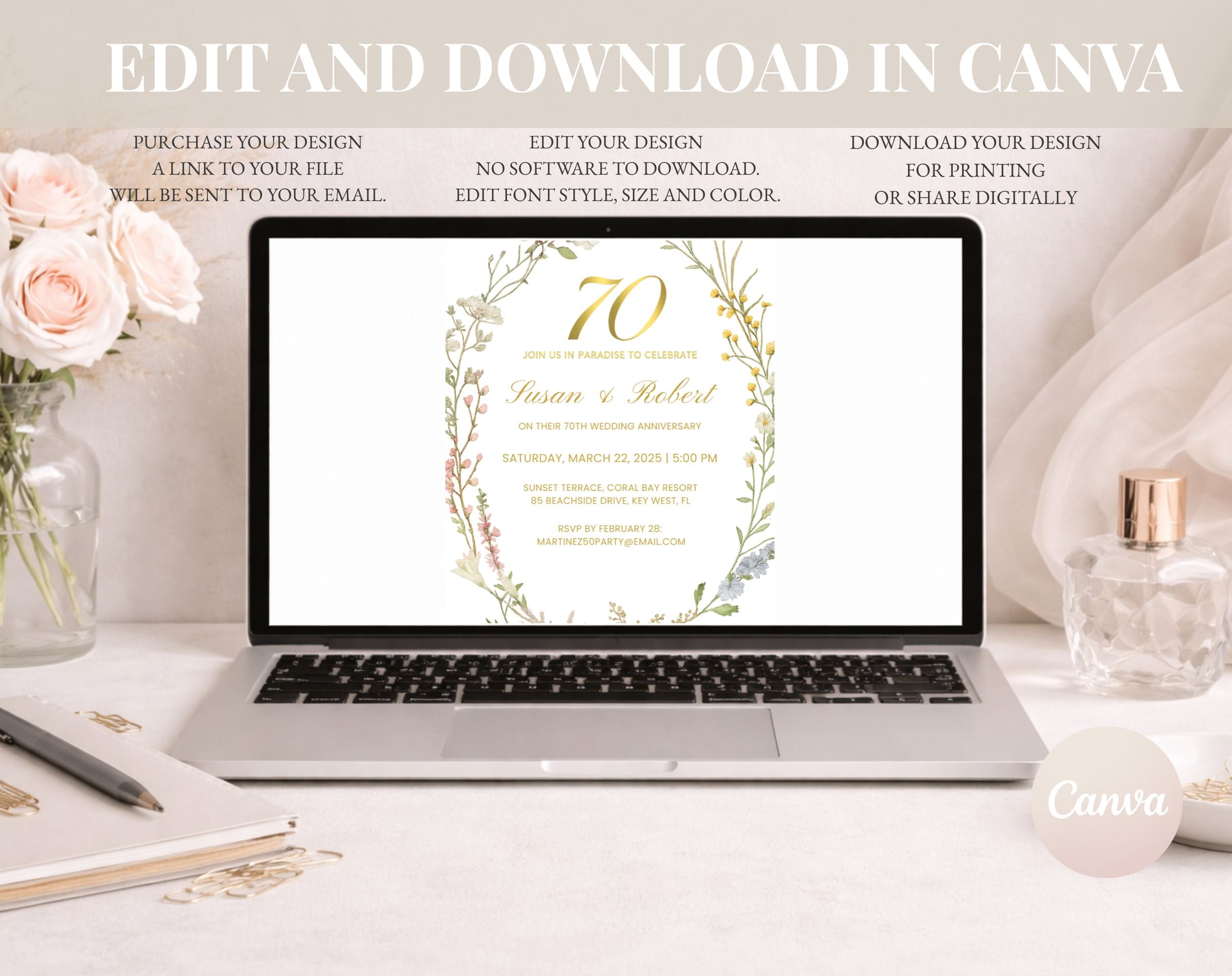 Elegant Floral 70th Wedding Anniversary Invitation