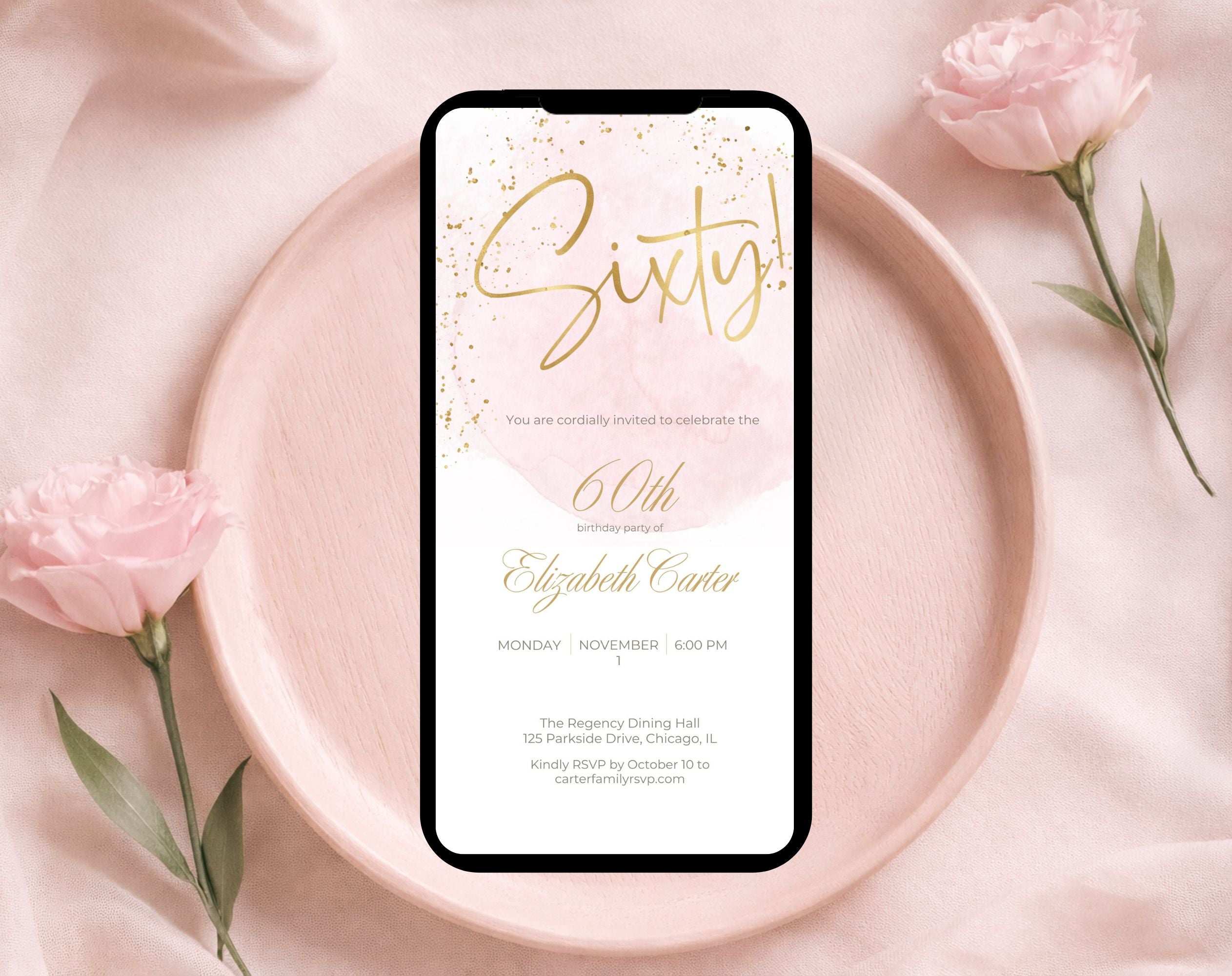 Elegant Blush Pink Golden 60th Birthday Invitation