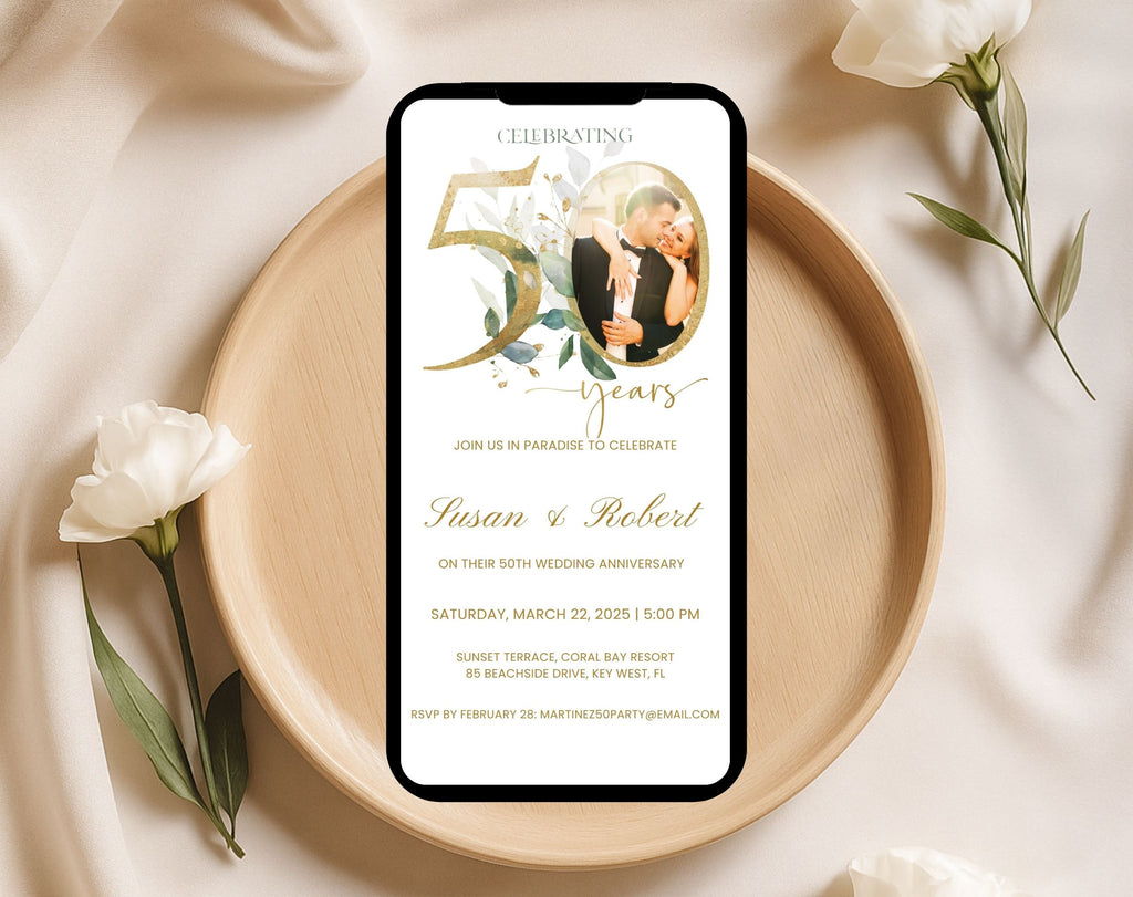 50th Wedding Anniversary Invitation Photo White Gold