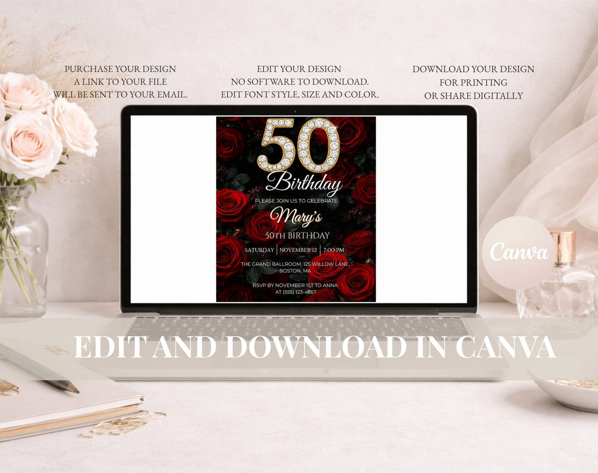 Luxury Red Rose 50th Birthday Invitation