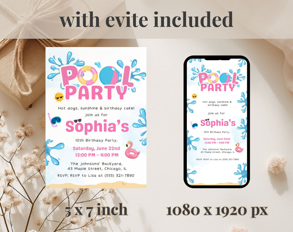 Pink Blue Pool Party 10th birthday Invitation