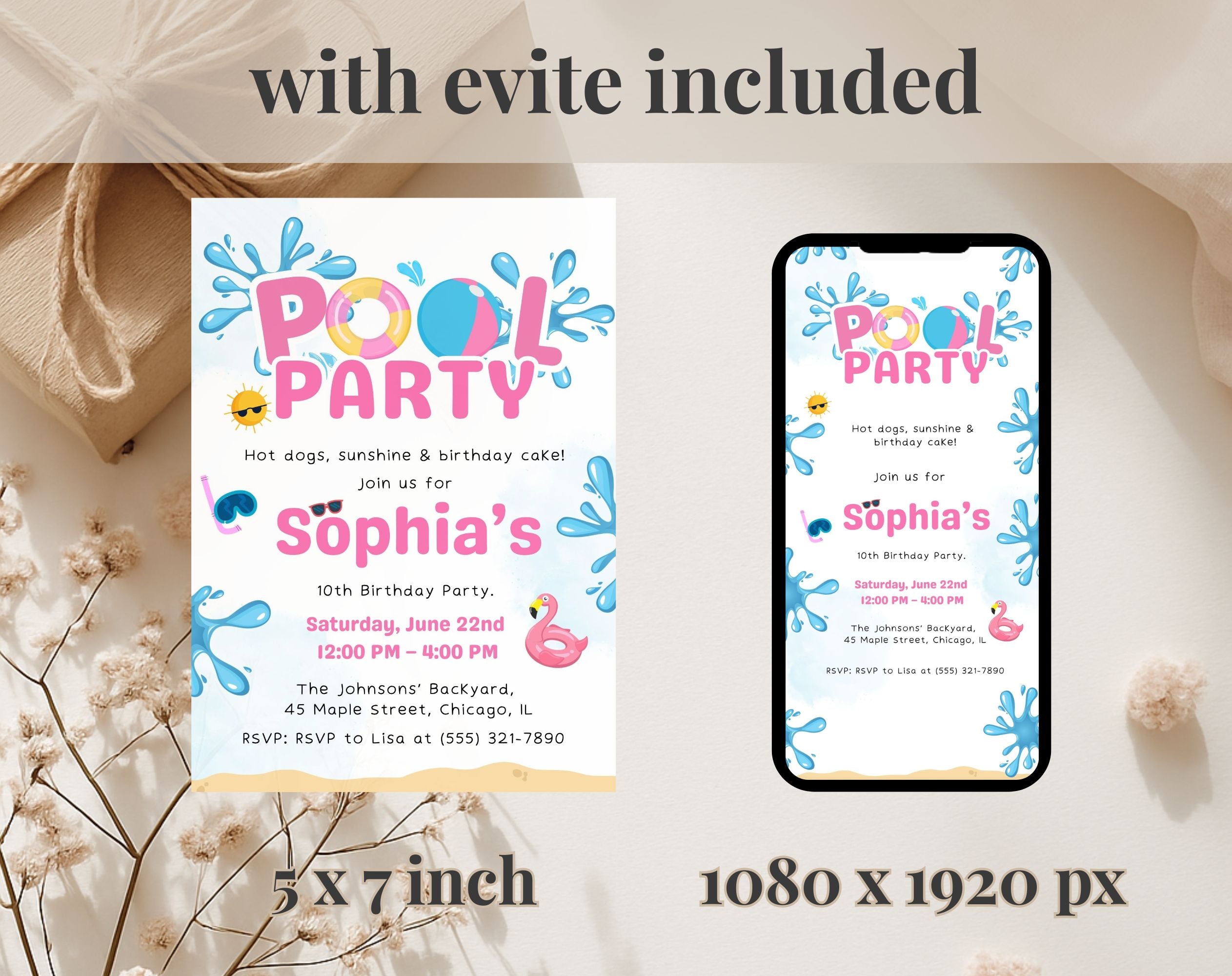 Pink Blue Pool Party 10th birthday Invitation