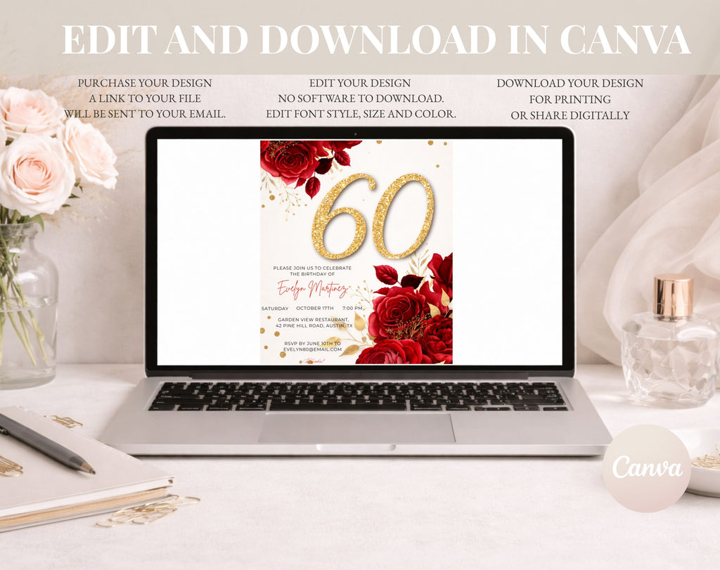 Elegant red golden 60th Birthday Invitation