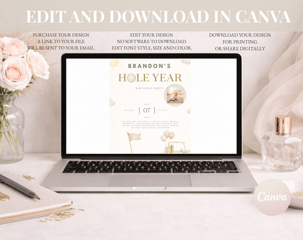 Beige and Gold Golf First Birthday Invitation