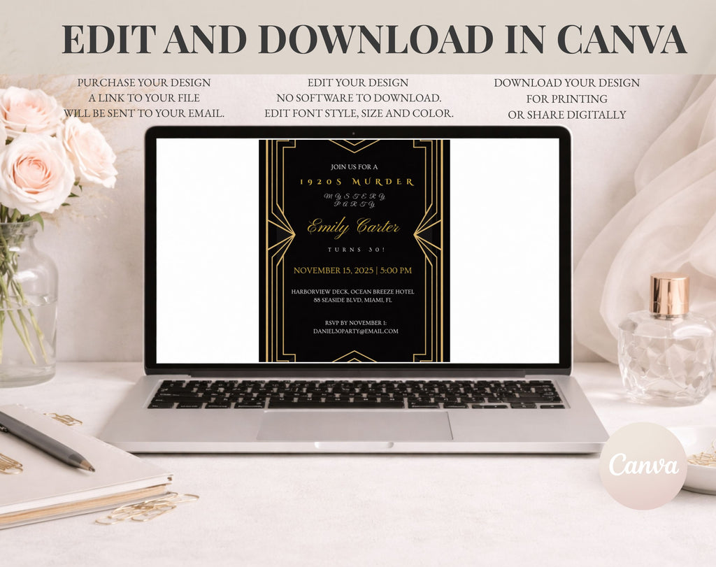 Black and Gold 1920s Murder Mystery 30th Birthday Invitation