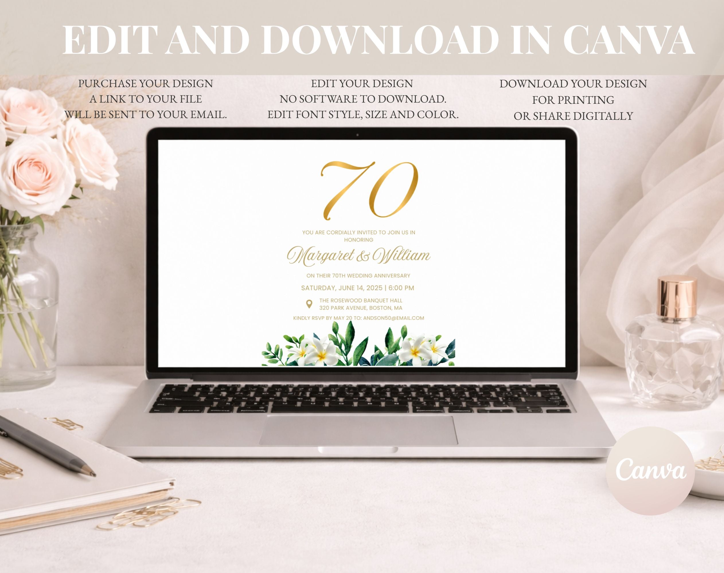 70th White Gold Wedding Anniversary Invitation