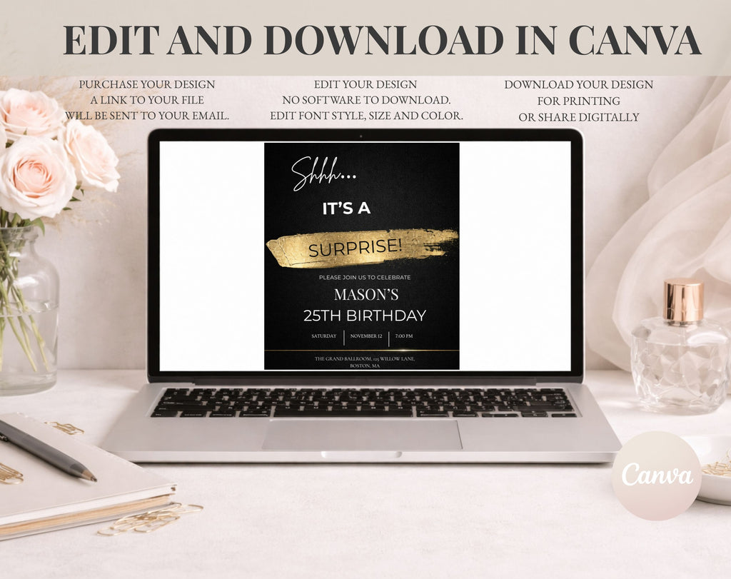 25th gold black Birthday Party Invitation