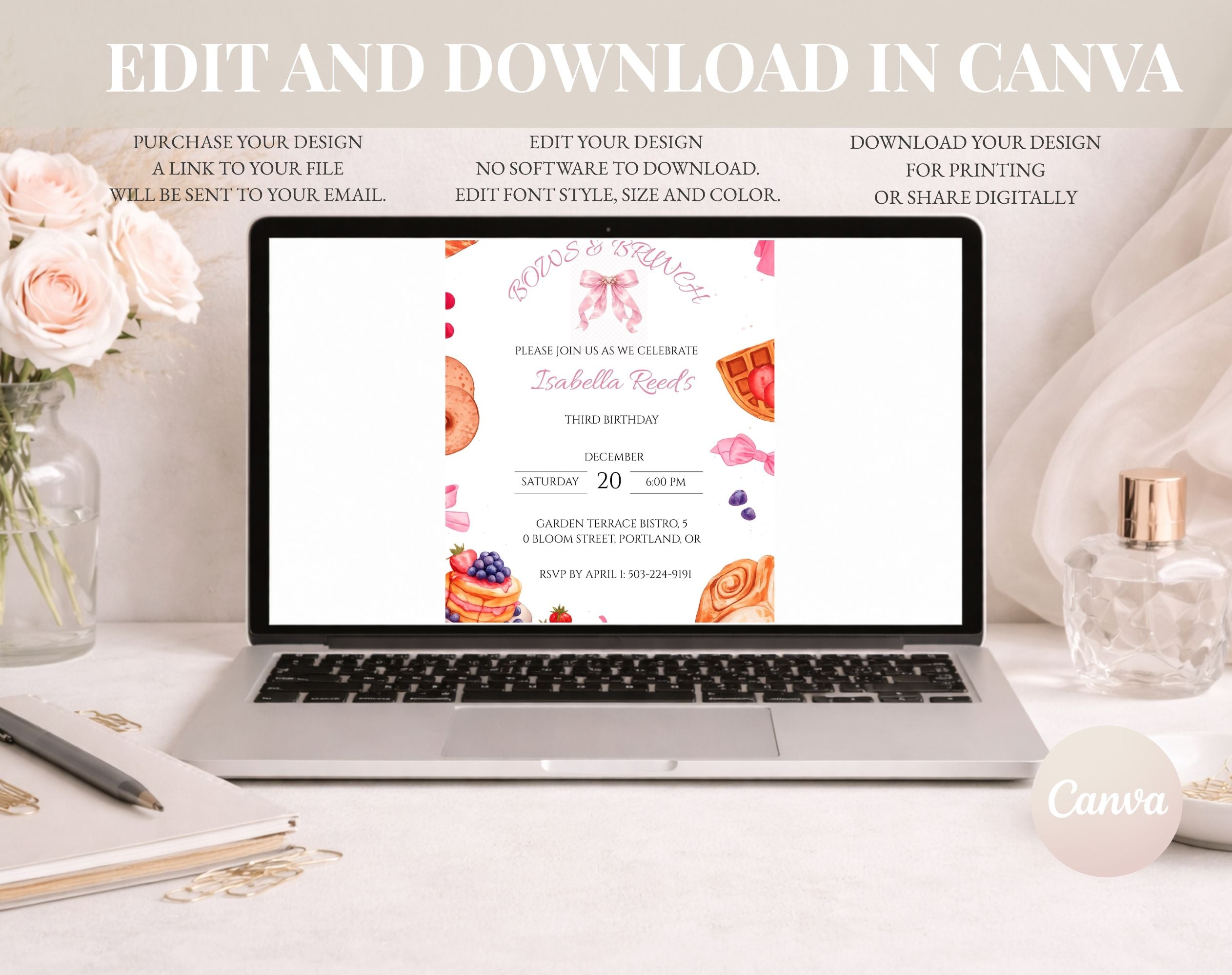 Pink Bows Brunch Birthday Invitation